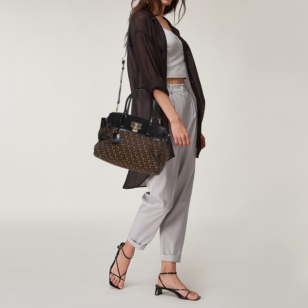 

Dkny Black/Brown Signature Canvas and Leather Padlock Tote