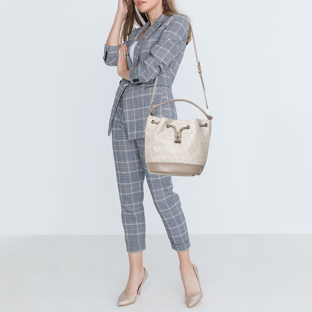 

DKNY Grey Signature Coated Canvas and Leather Drawstring Bucket Bag