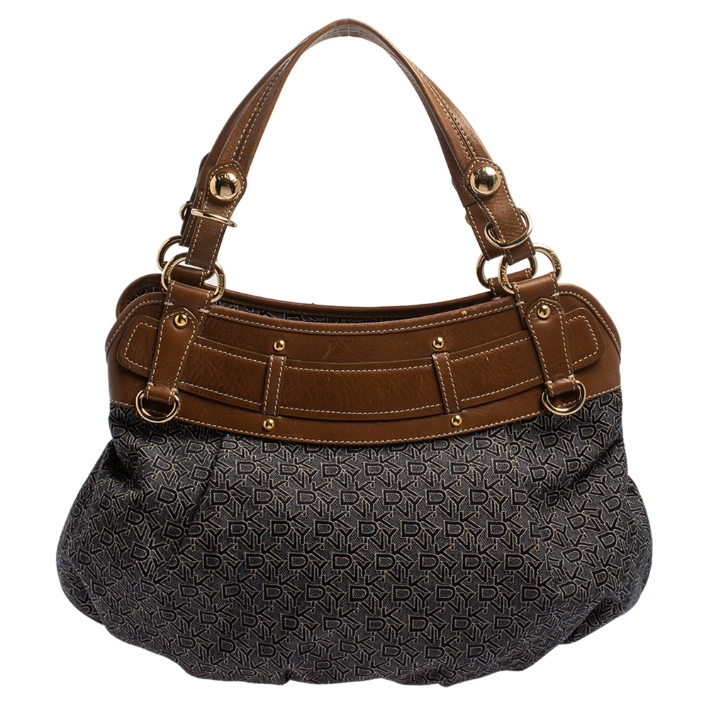 

Dkny Navy Blue/Brown Monogram Canvas and Leather Hobo