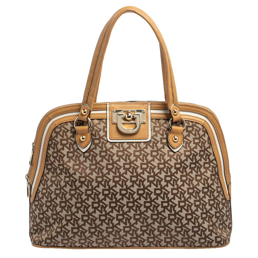 Pre-owned Dkny Brown/beige Monogram Canvas And Leather Dome Satchel ...