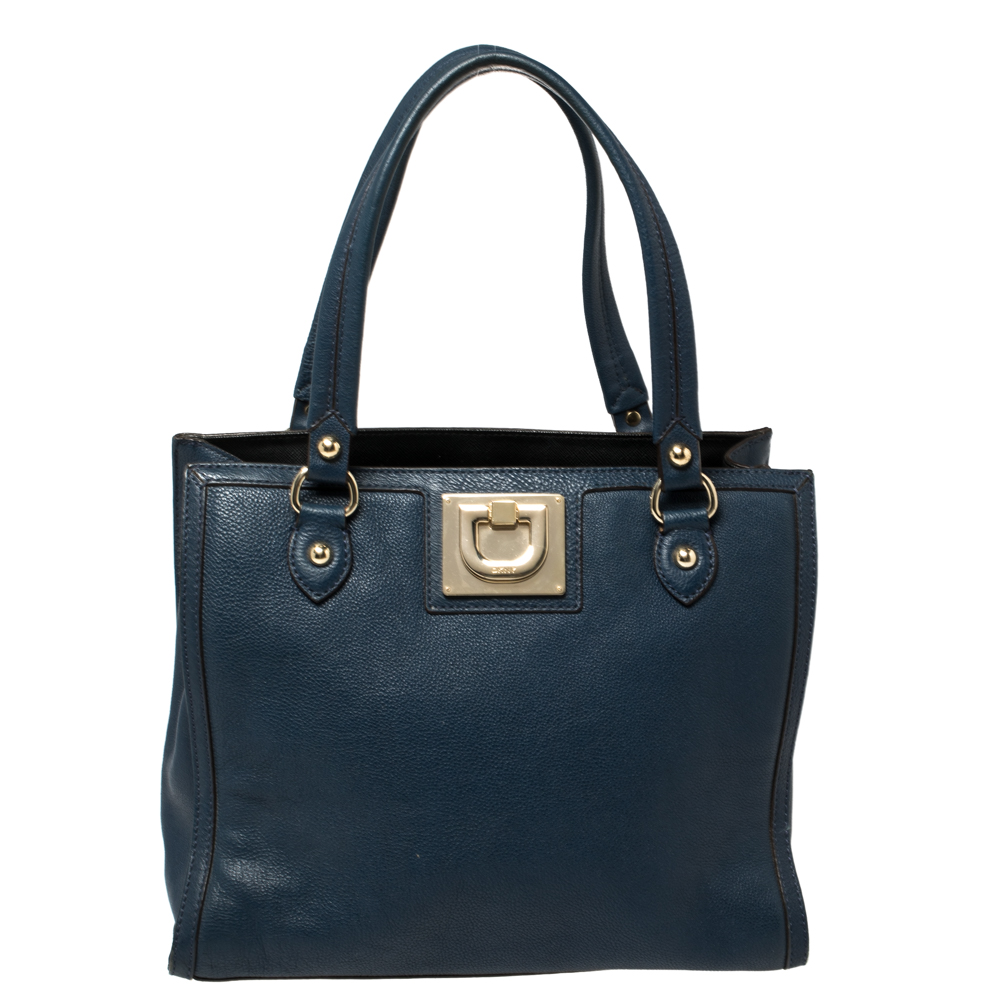 Pre-owned Dkny Navy Blue Leather Middle Zip Tote