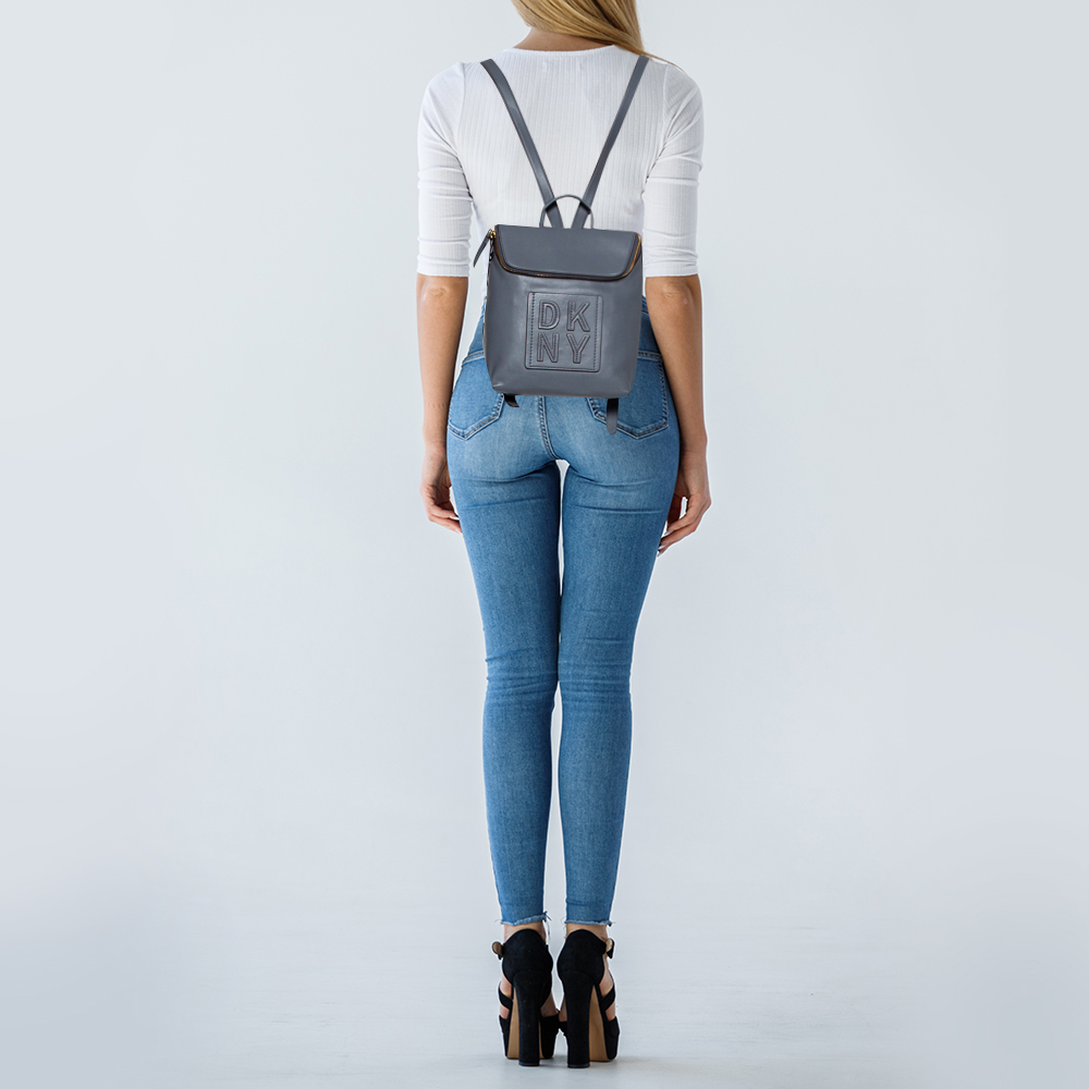 

DKNY Grey Leather Tilly Stacked Logo Backpack