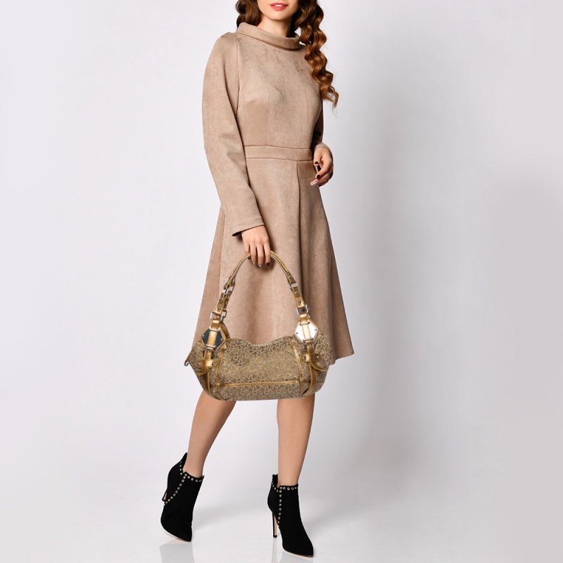 

DKNY Gold/Beige Signature Fabric and Leather Satchel