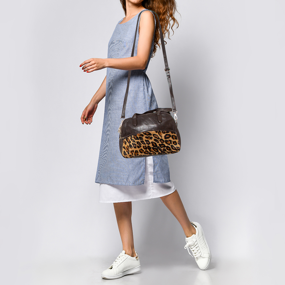 

DKNY Dark Brown/Beige Leopard Print Calfhair and Leather Double Zip Satchel