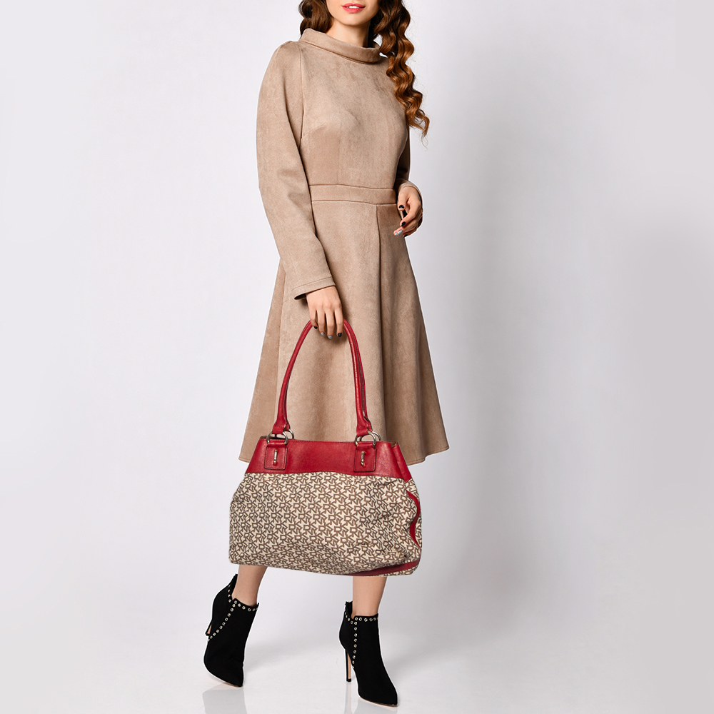 

DKNY Beige/Red Signature Canvas And Leather Tote