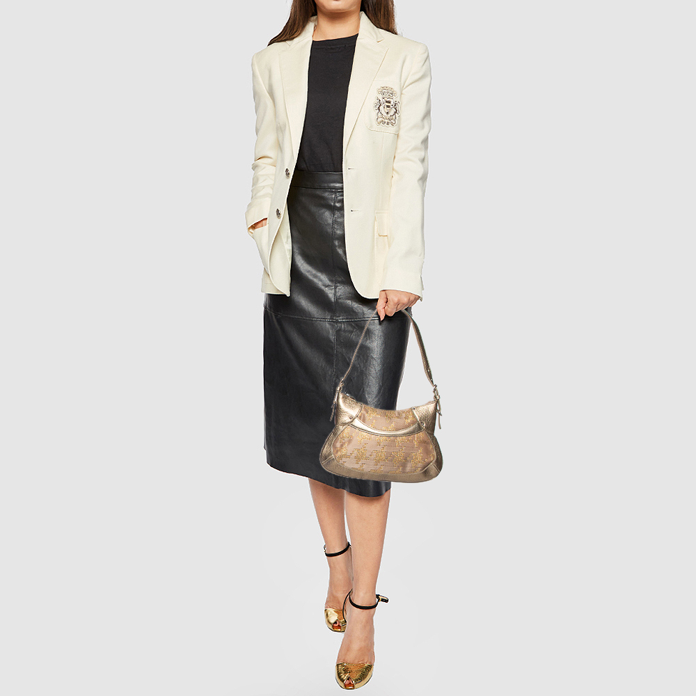 

DKNY Metallic Gold Canvas and Leather Baguette Bag