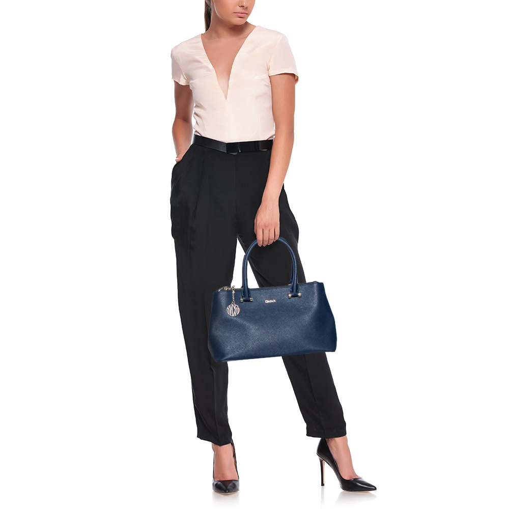 

DKNY Navy Blue Saffiano Leather Double Zip Tote