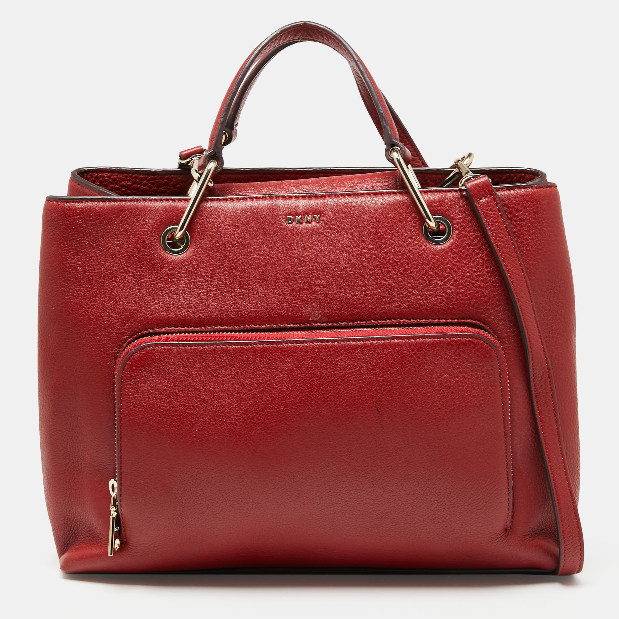 Pre-owned Dkny Red Leather Bryant Park Front Pocket Satchel