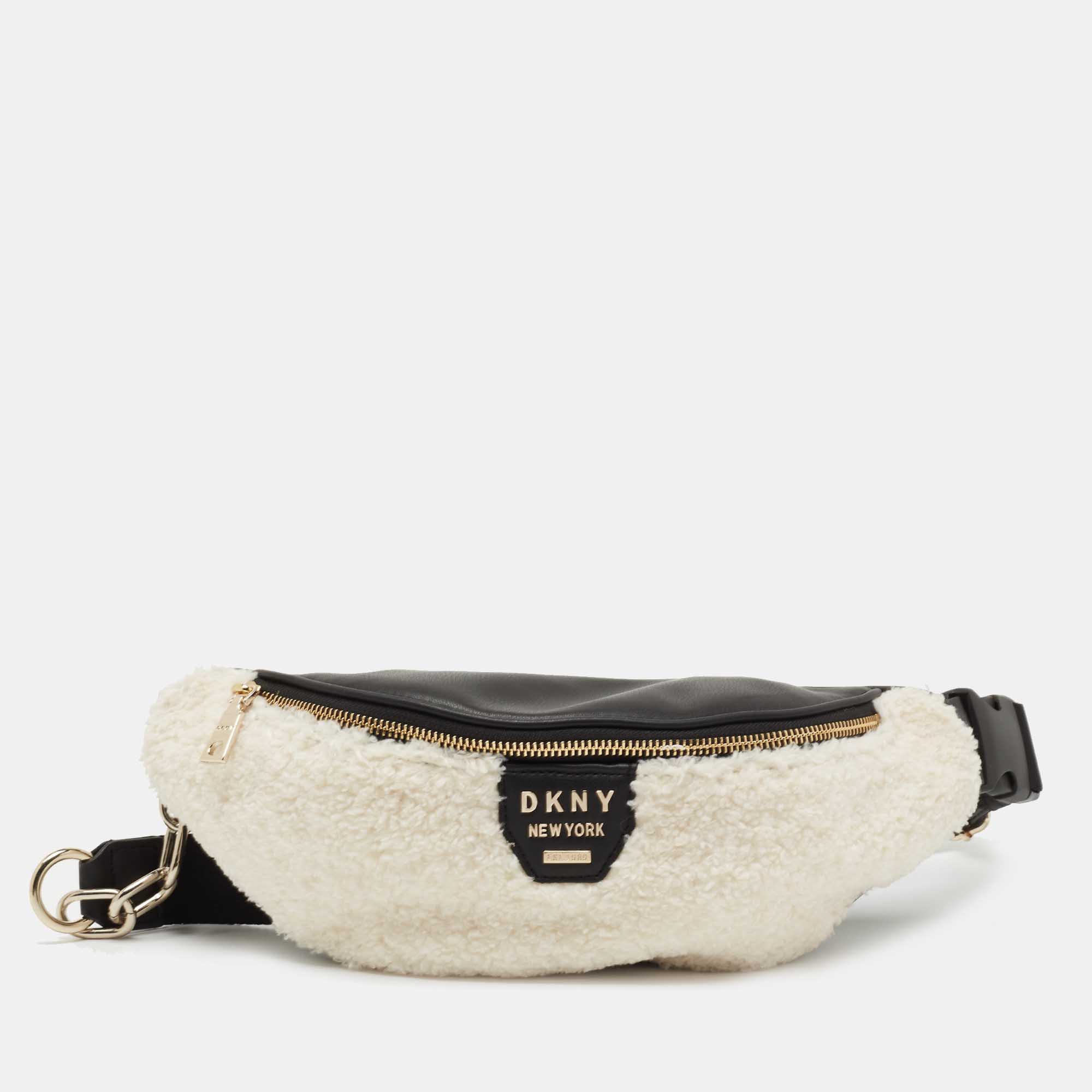 Pre-owned Dkny White/black Faux Fur And Leather Belt Bag