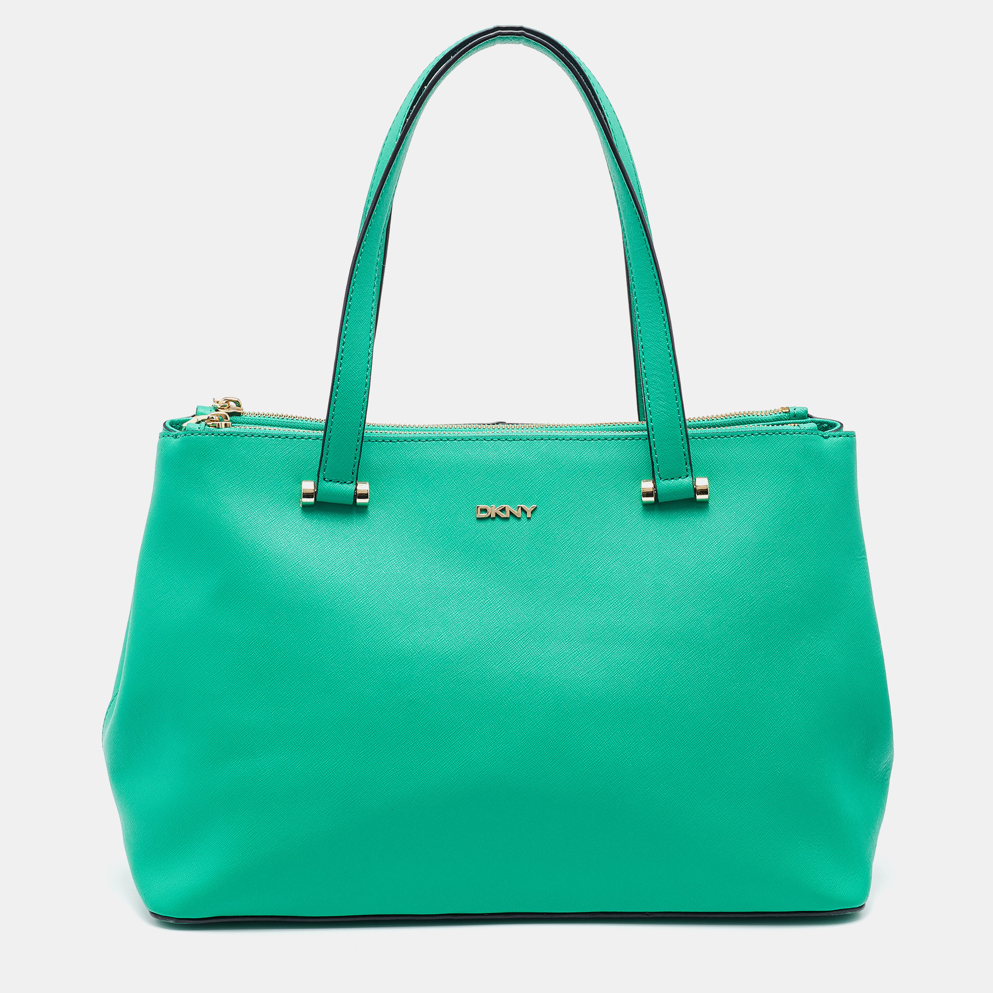 Pre-owned Dkny Green Saffiano Leather Double Zip Tote