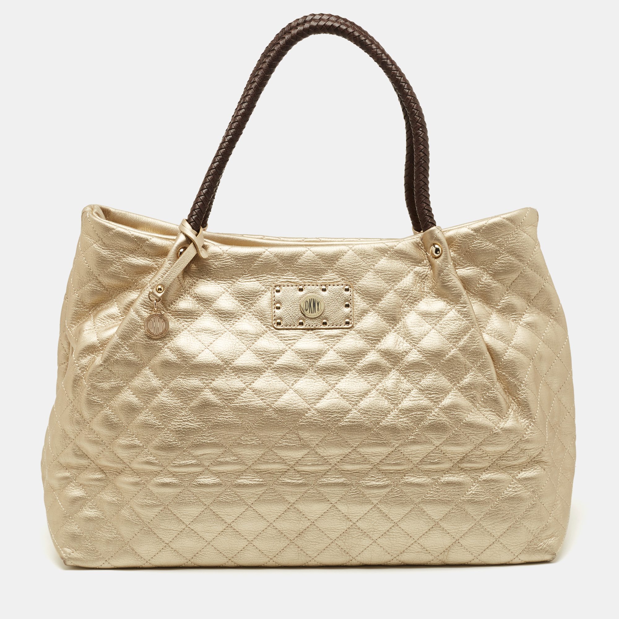 Pre-owned Dkny Gold Quilted Leather Braided Handle Tote