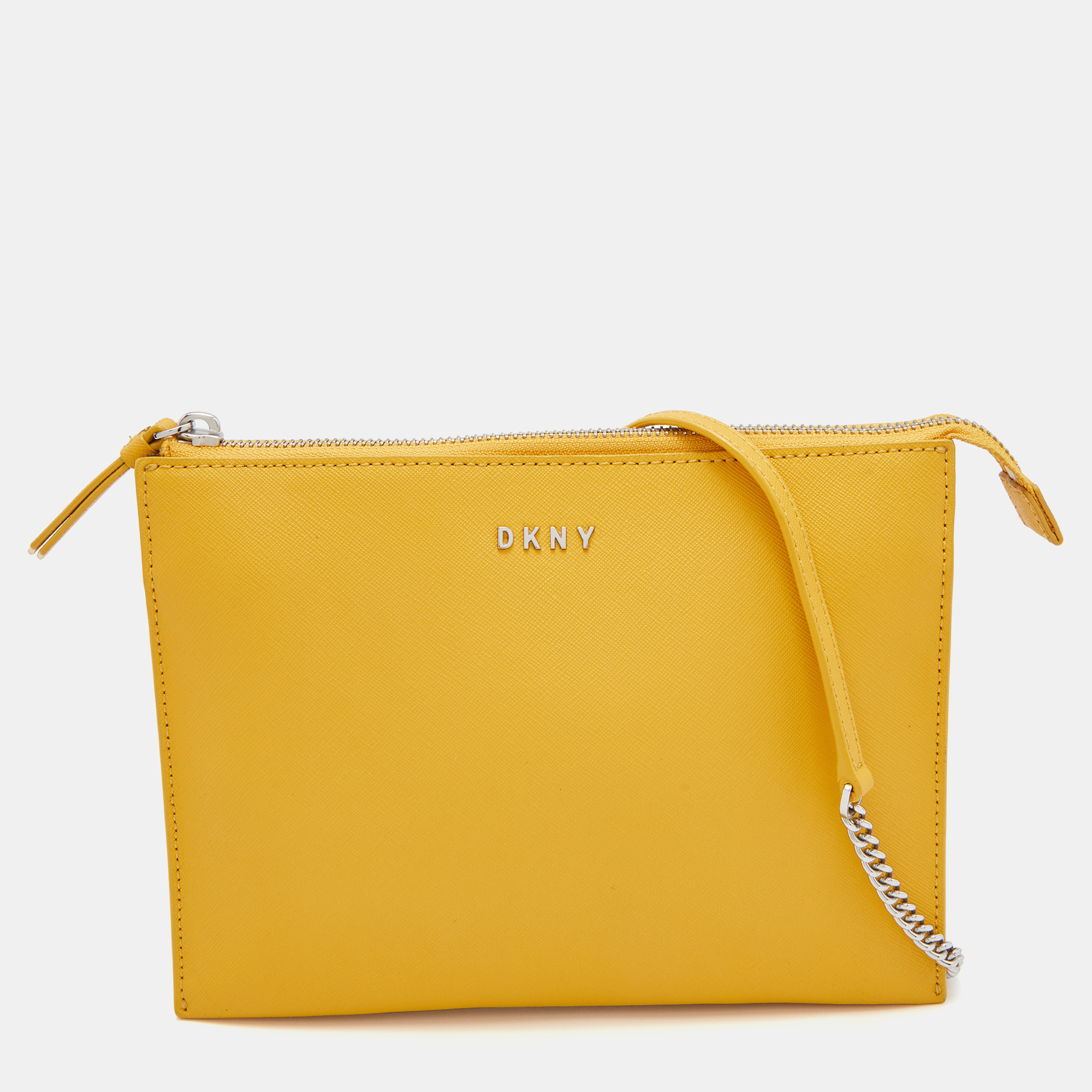 Pre-owned Dkny Mustard Leather Top Zip Crossbody Bag In Yellow