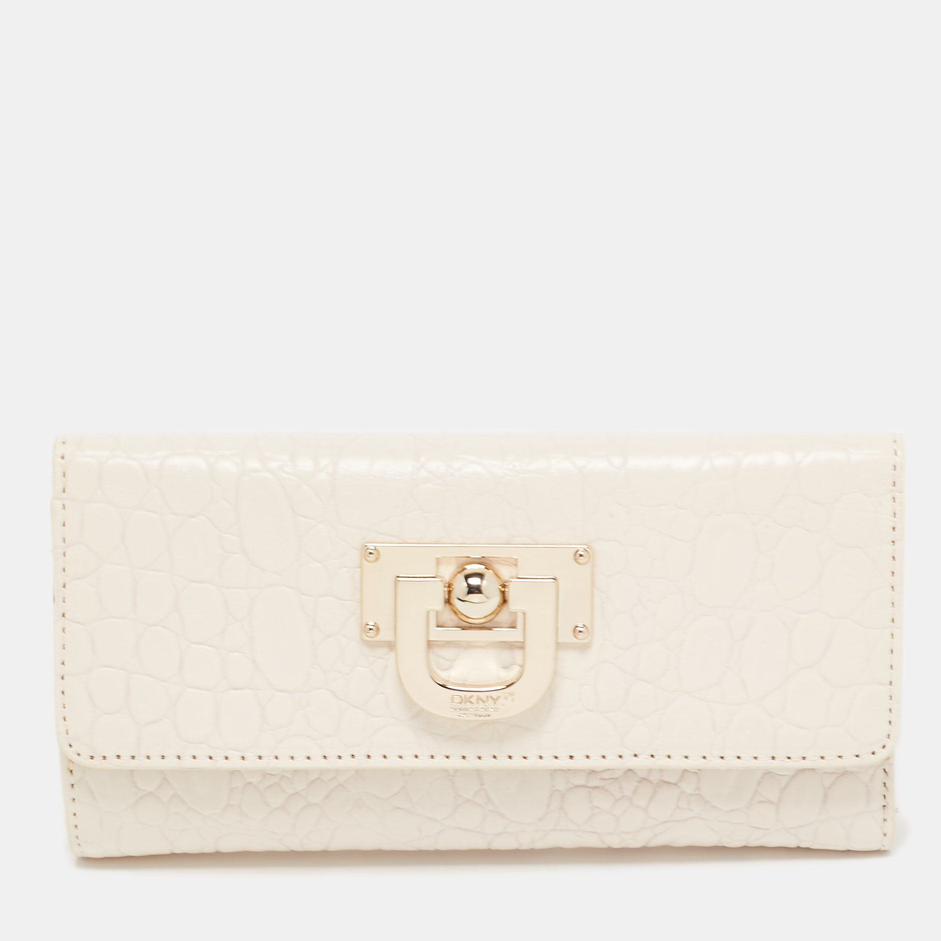 Pre-owned Dkny Off White Croc Embossed Leather Flap Continental Wallet