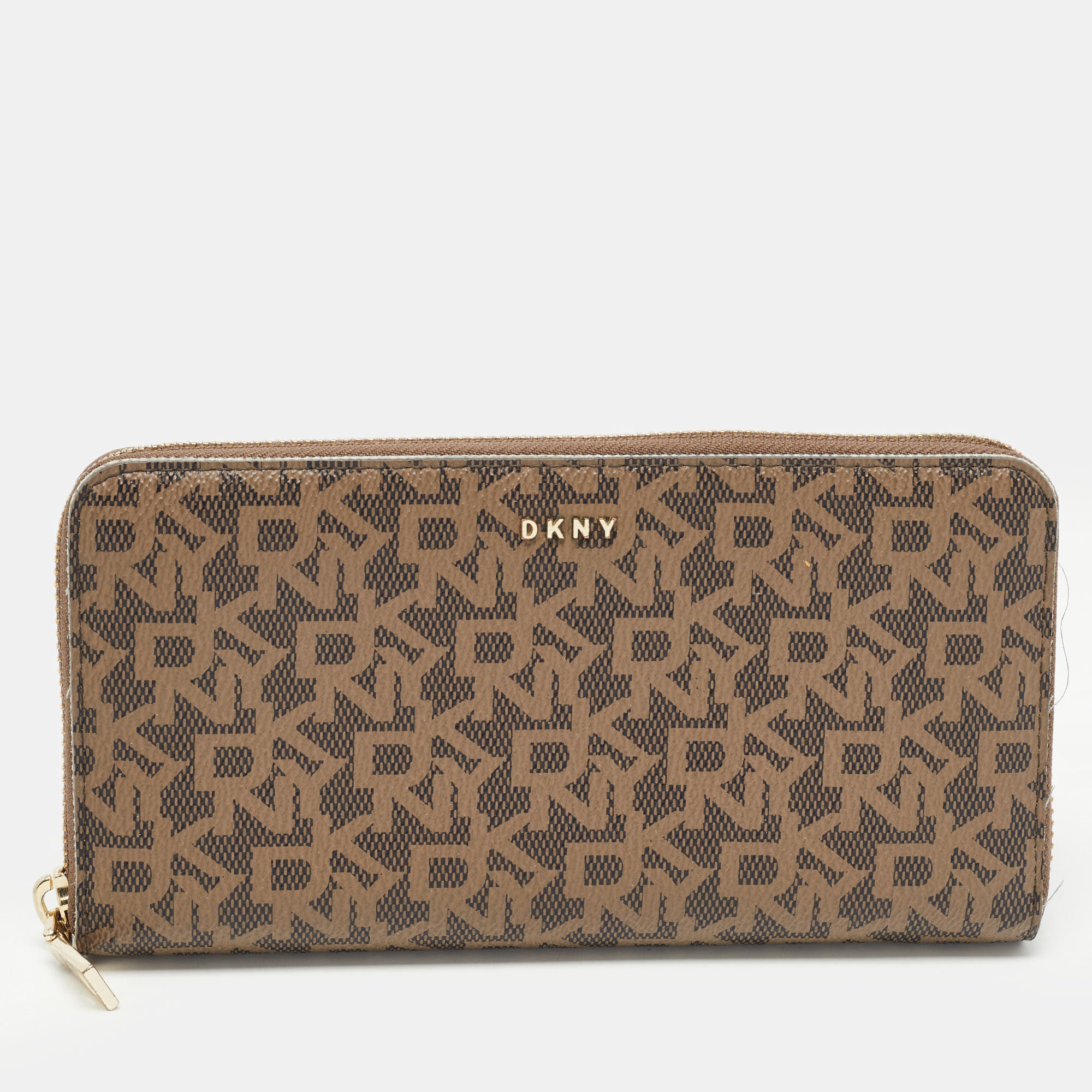 Pre-owned Dkny Brown Signature Coated Canvas Zip Around Continental Wallet