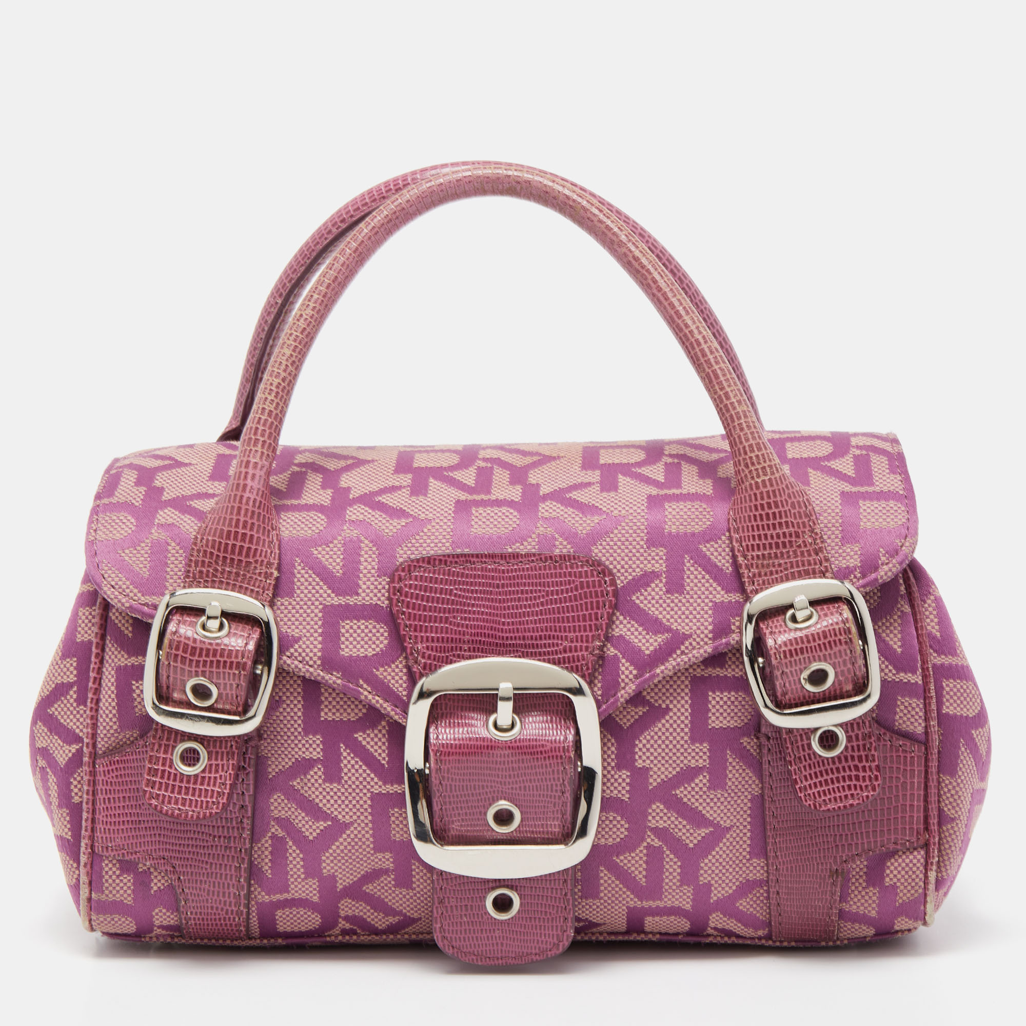 

Dkny Magenta Signature Canvas and Lizard Embossed Leather Buckle Flap Satchel, Pink