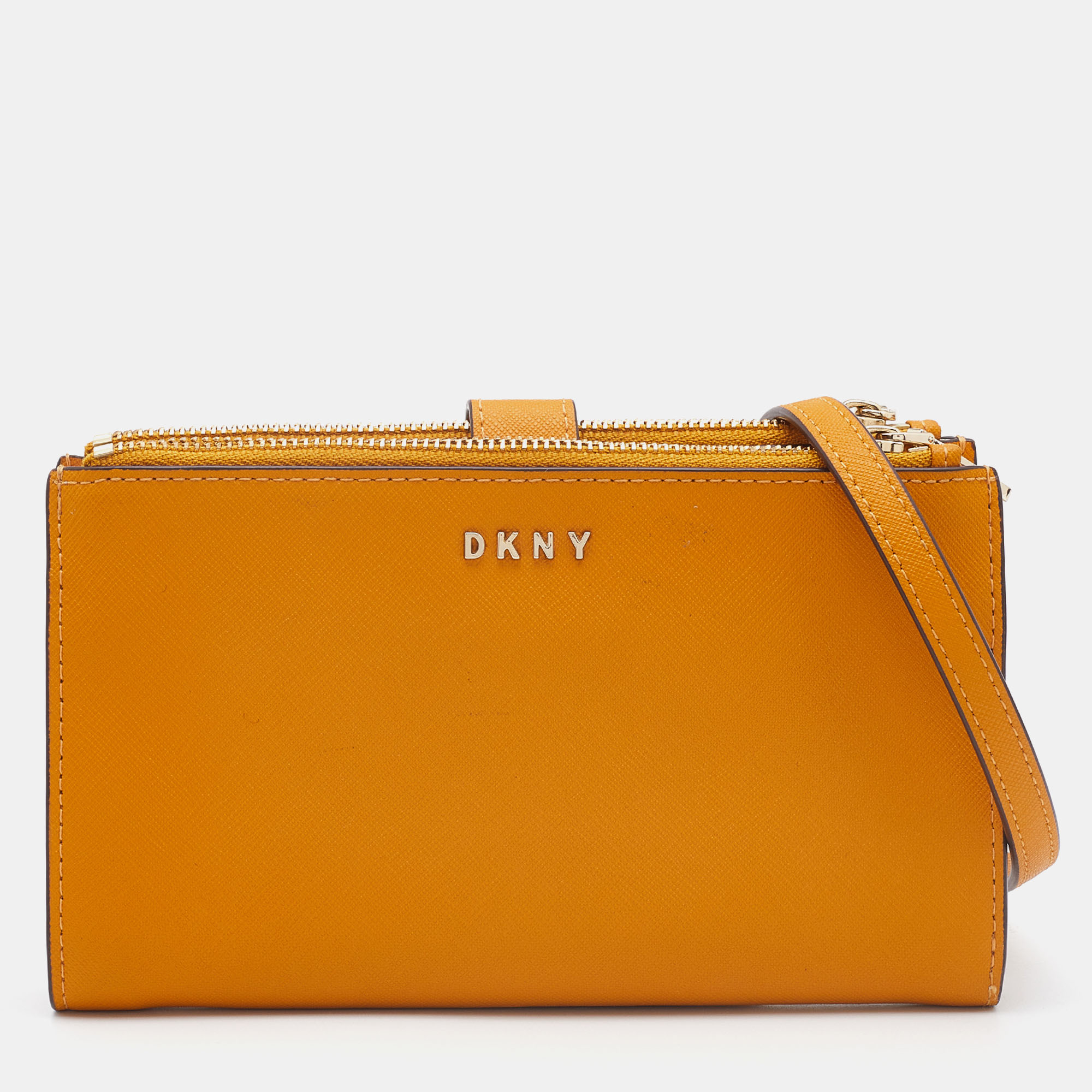 Pre-owned Dkny Mustard Leather Double Zip Crossbody Bag In White