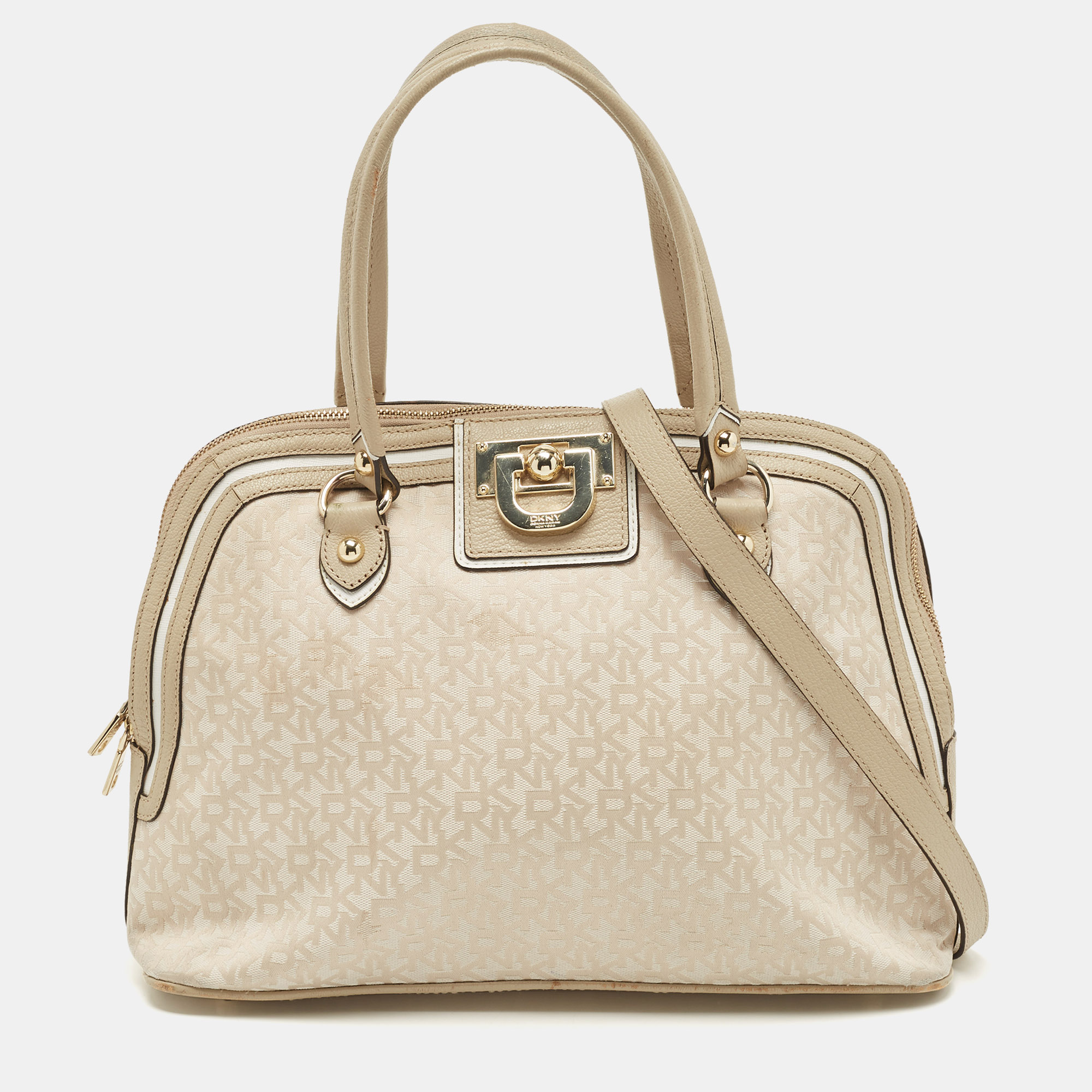 Pre-owned Dkny Cream/beige Signature Canvas And Leather Dome Satchel