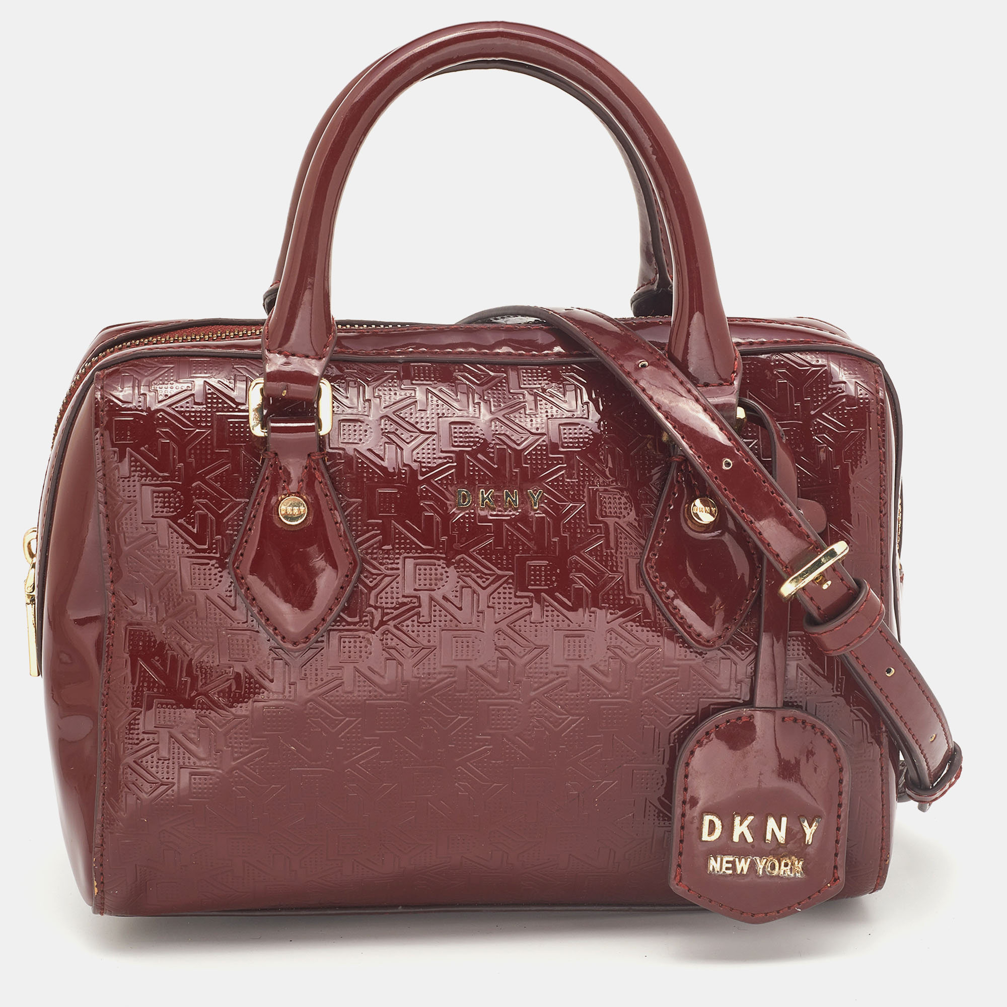 Pre-owned Dkny Dark Red Monogram Embossed Patent Leather Boston Bag