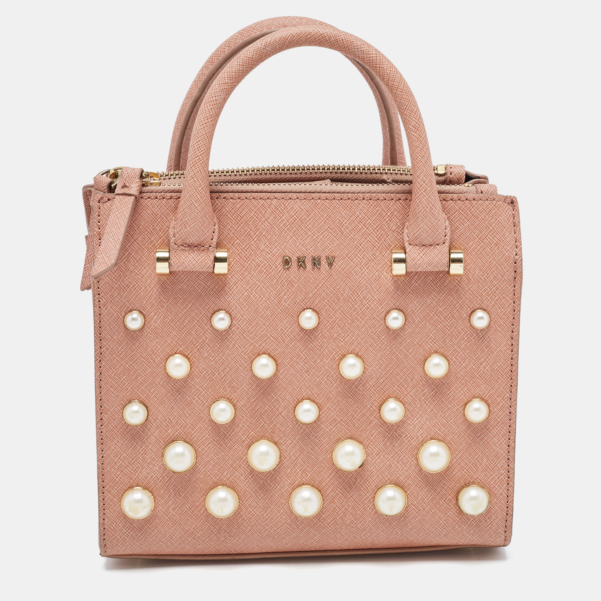 Pre-owned Dkny Pink Textured Leather Pearl Embellished Double Zip Tote
