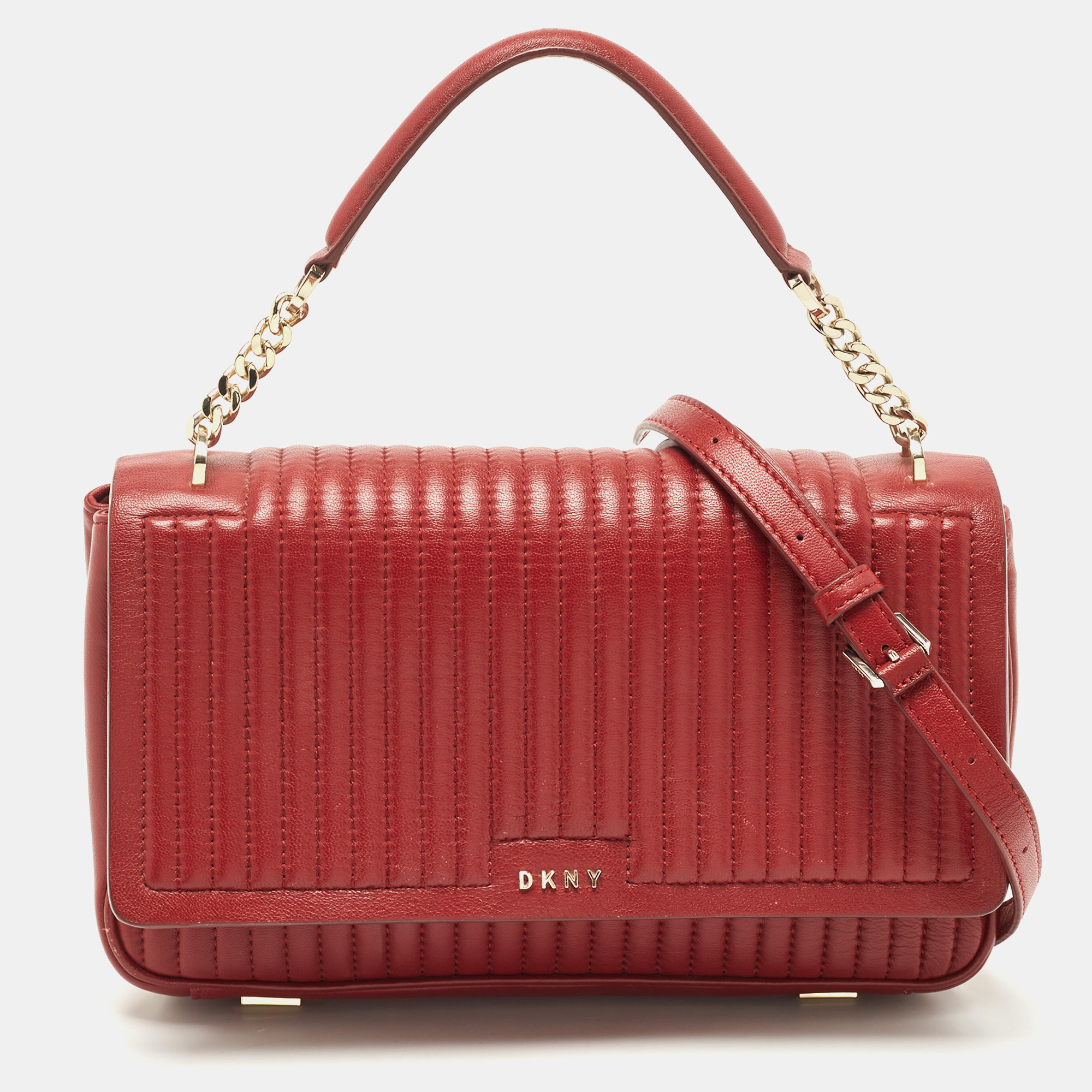 Pre-owned Dkny Red Pinstripe Quilted Leather Gansevoort Top Handle Bag