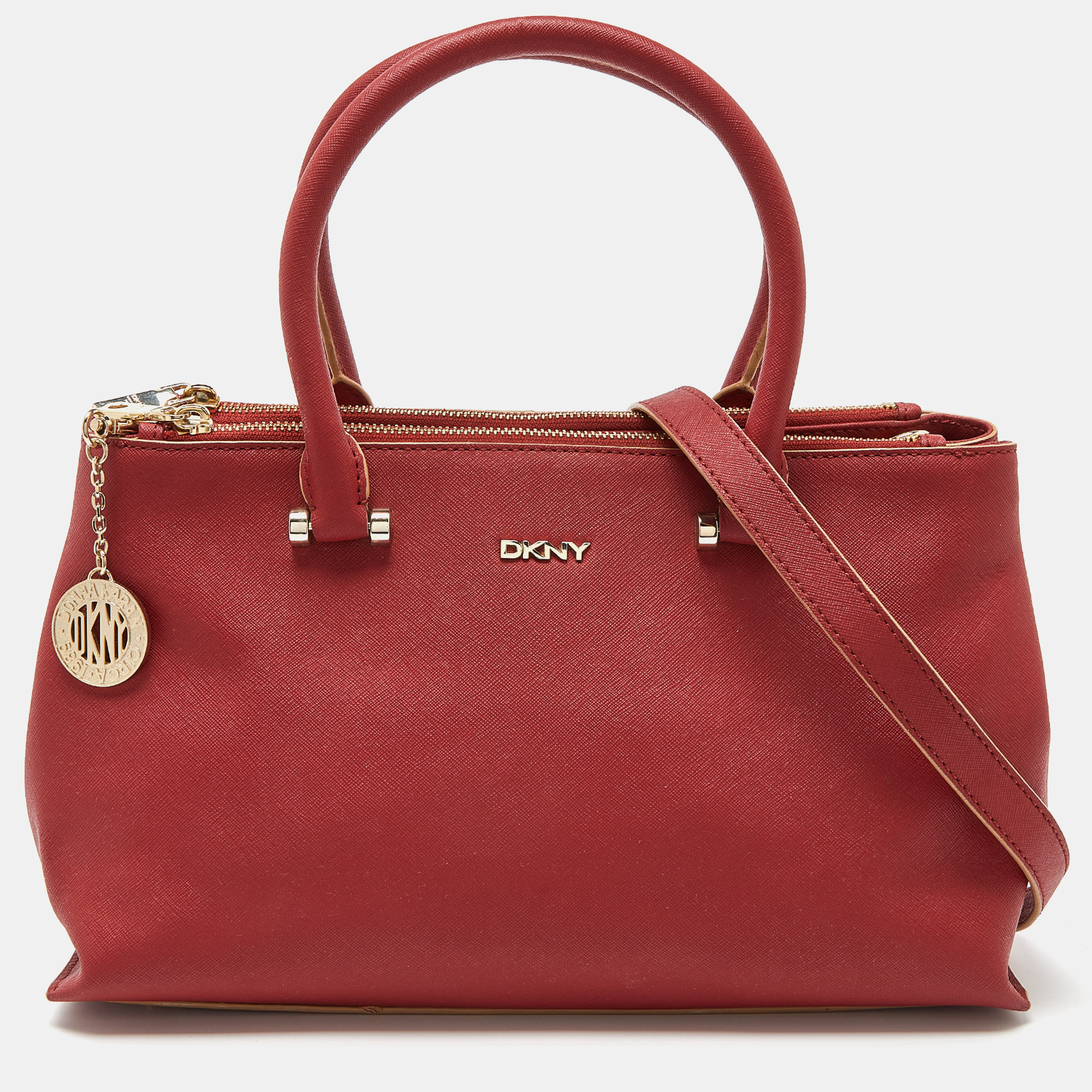 

DKNY Red Leather Bryant Park Double Zip Shopper Tote