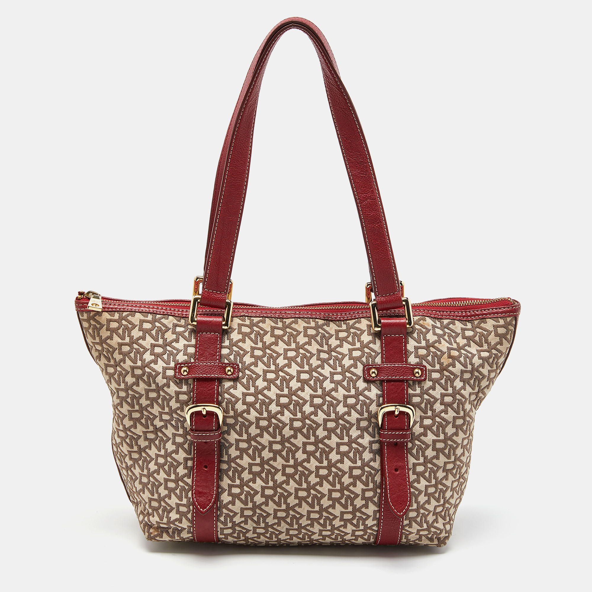 

DKNY Beige/Red Signature Canvas and Leather Zip Tote