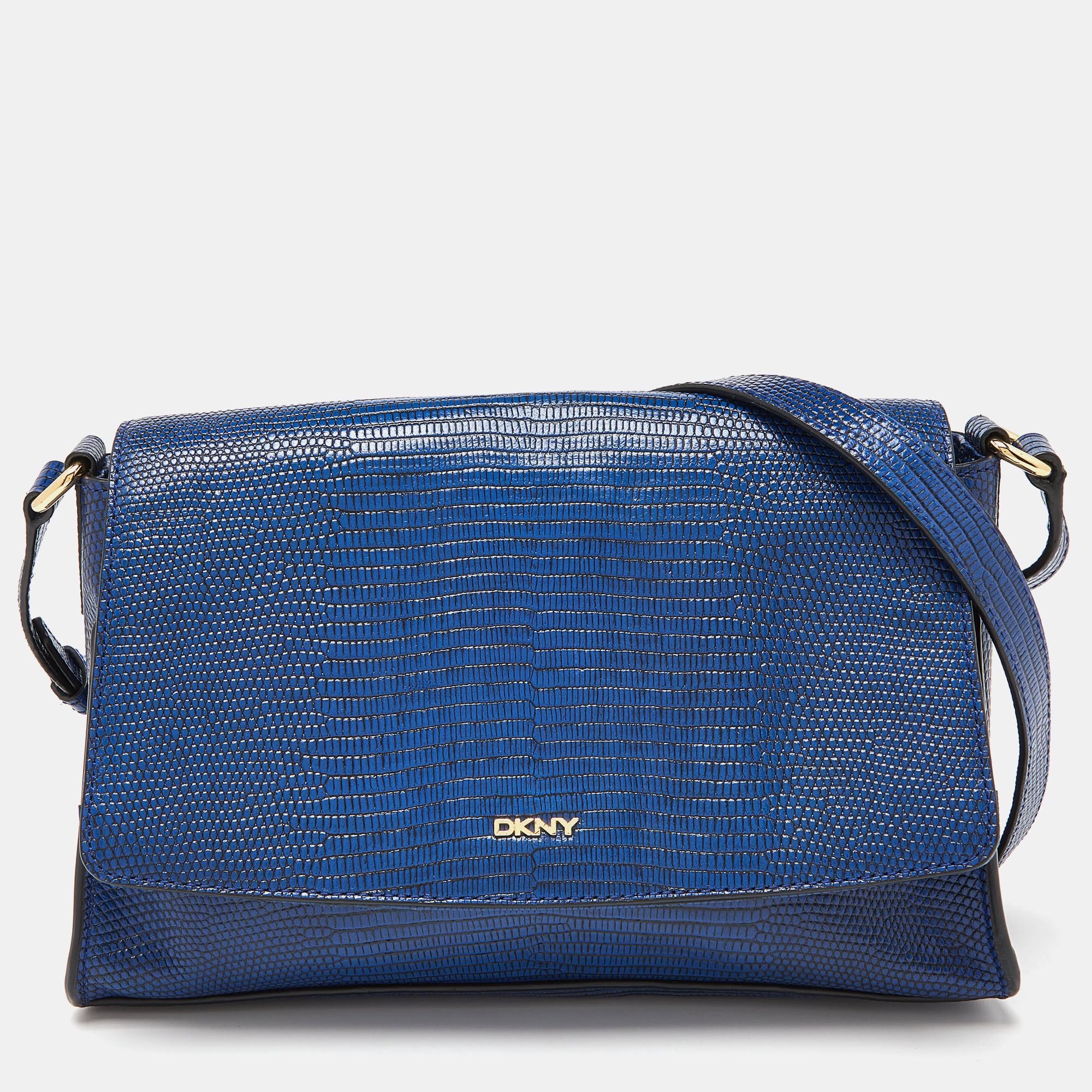 Pre-owned Dkny Blue Croc Embossed Leather Bryant Flap Crossbody Bag