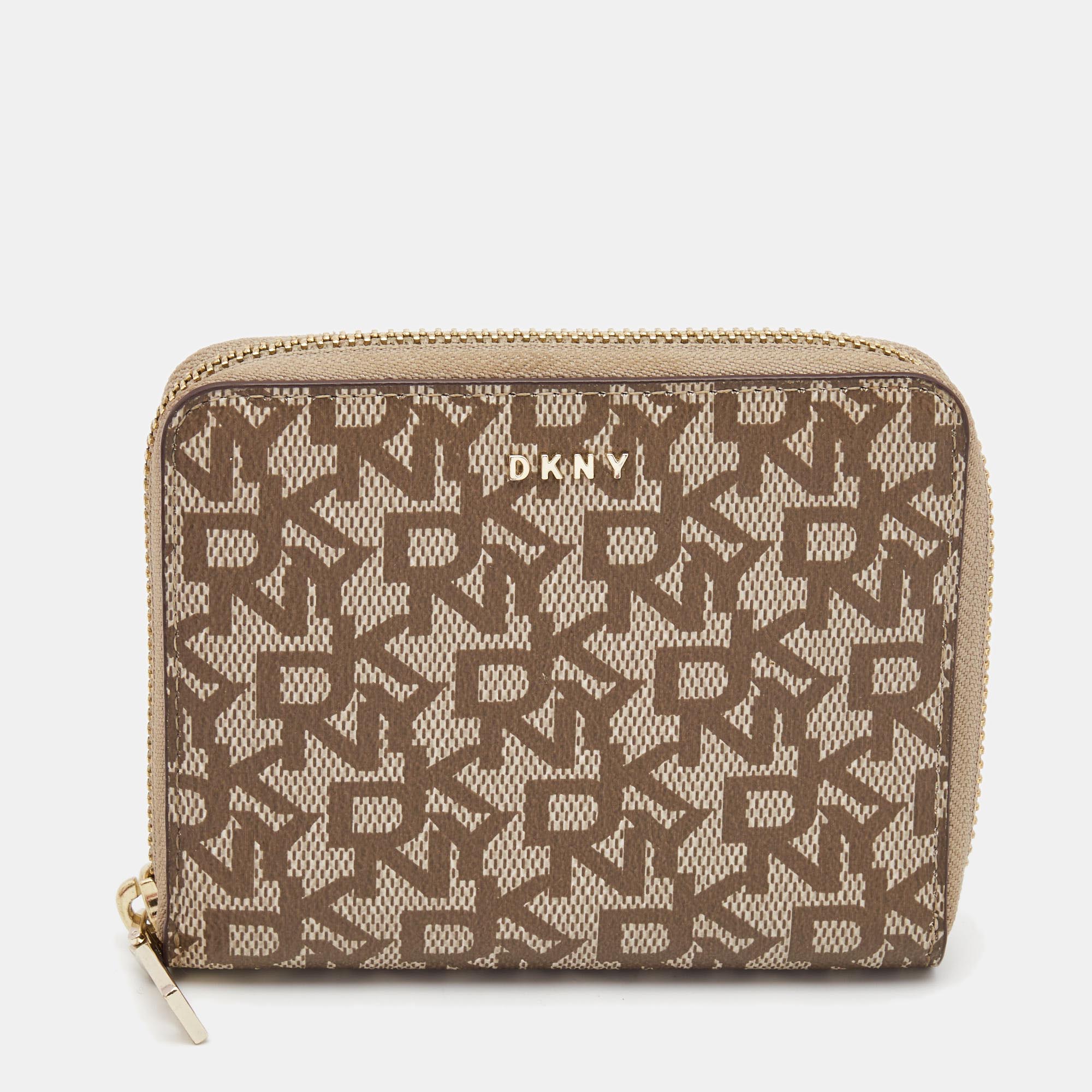 Pre-owned Dkny Beige/brown Signature Coated Canvas Zip Around Continental Wallet