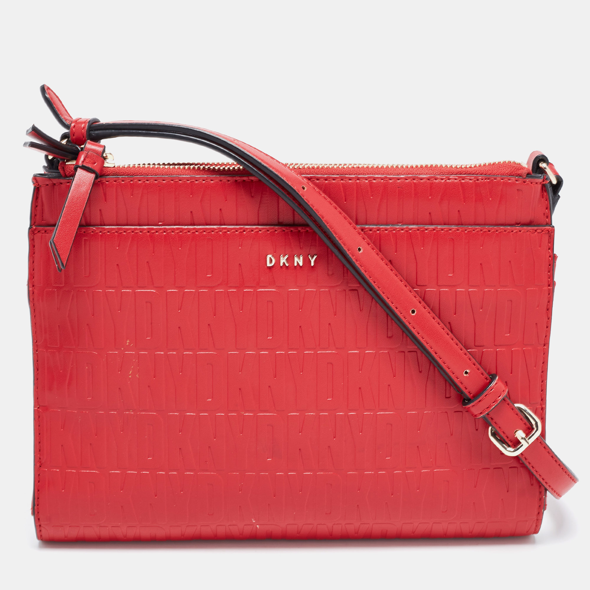 Pre-owned Dkny Red Logo Embossed Double Zip Crossbody Bag