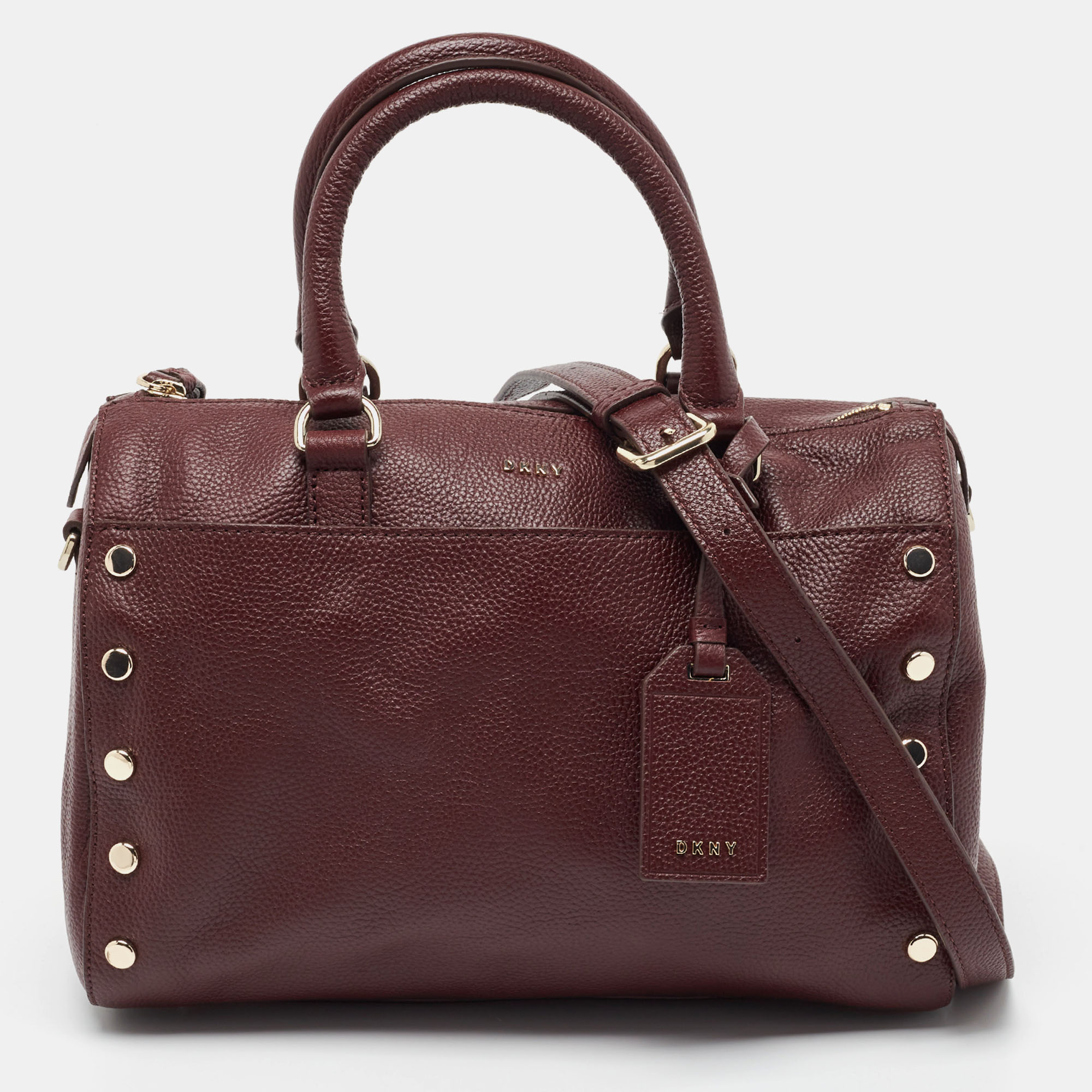 Pre-owned Dkny Burgundy Leather Studded Boston Bag