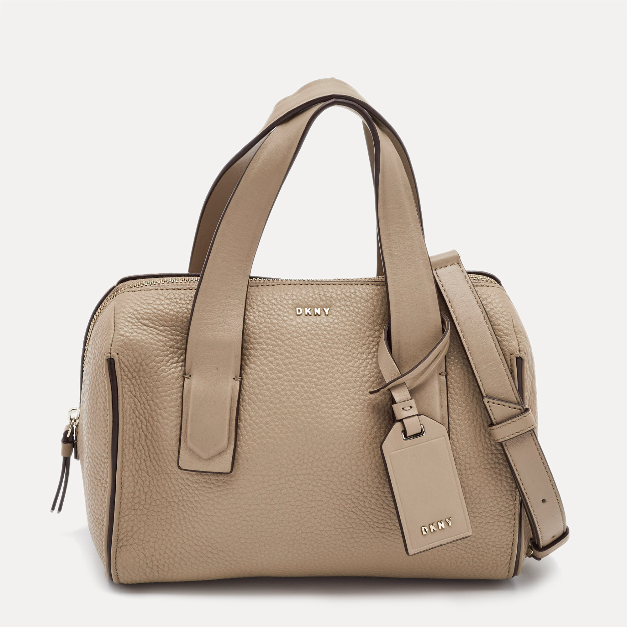 

DKNY Beige Leather Zip Boston Bag