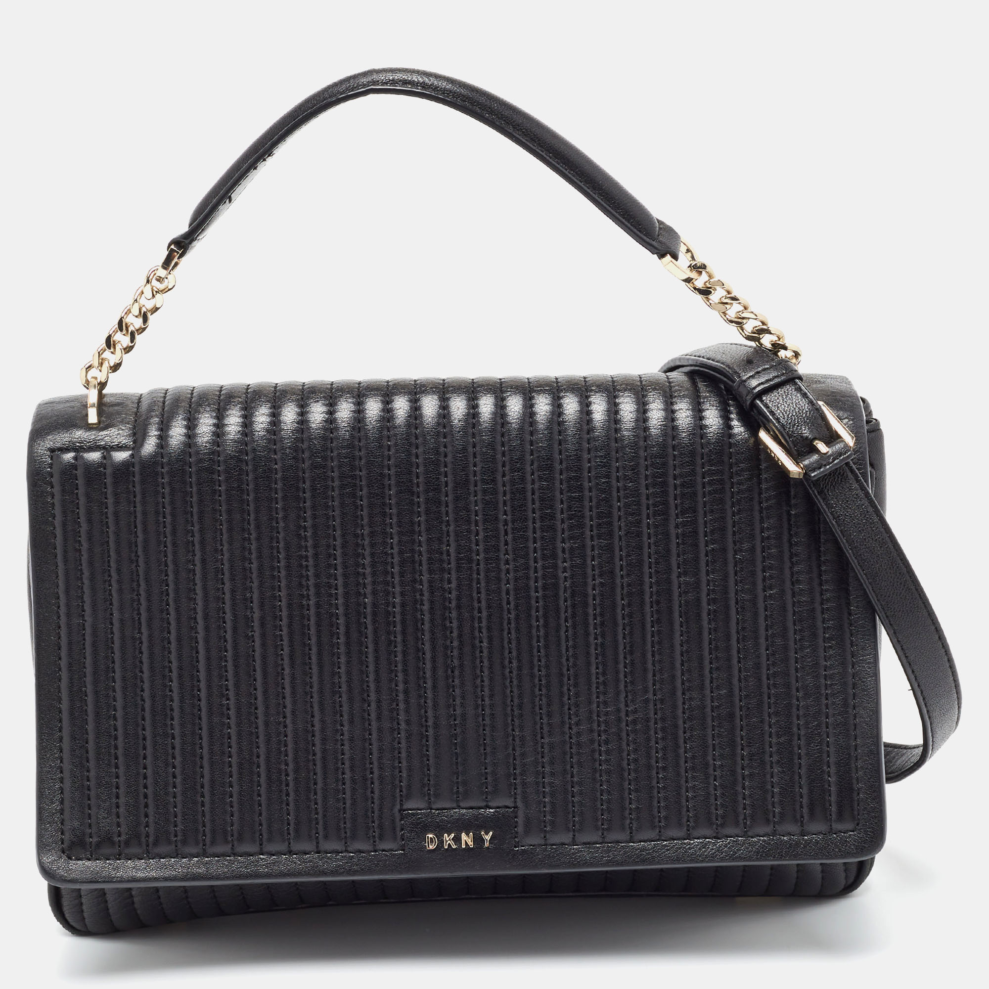 

DKNY Black Pinstripe Quilted Leather Gansevoort Flap Top Handle Bag
