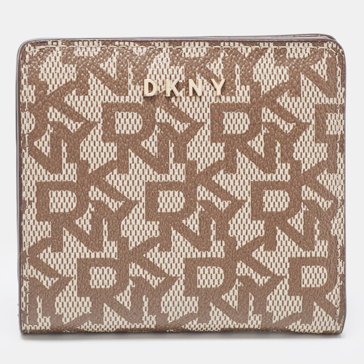 Pre-owned Dkny Beige Signature Coated Canvas Compact Wallet