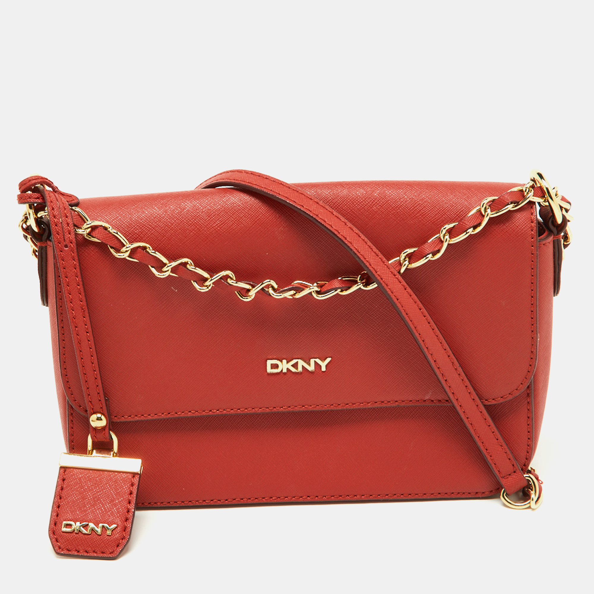 Pre-owned Dkny Brick Red Saffiano Leather Bryant Flap Shoulder Bag