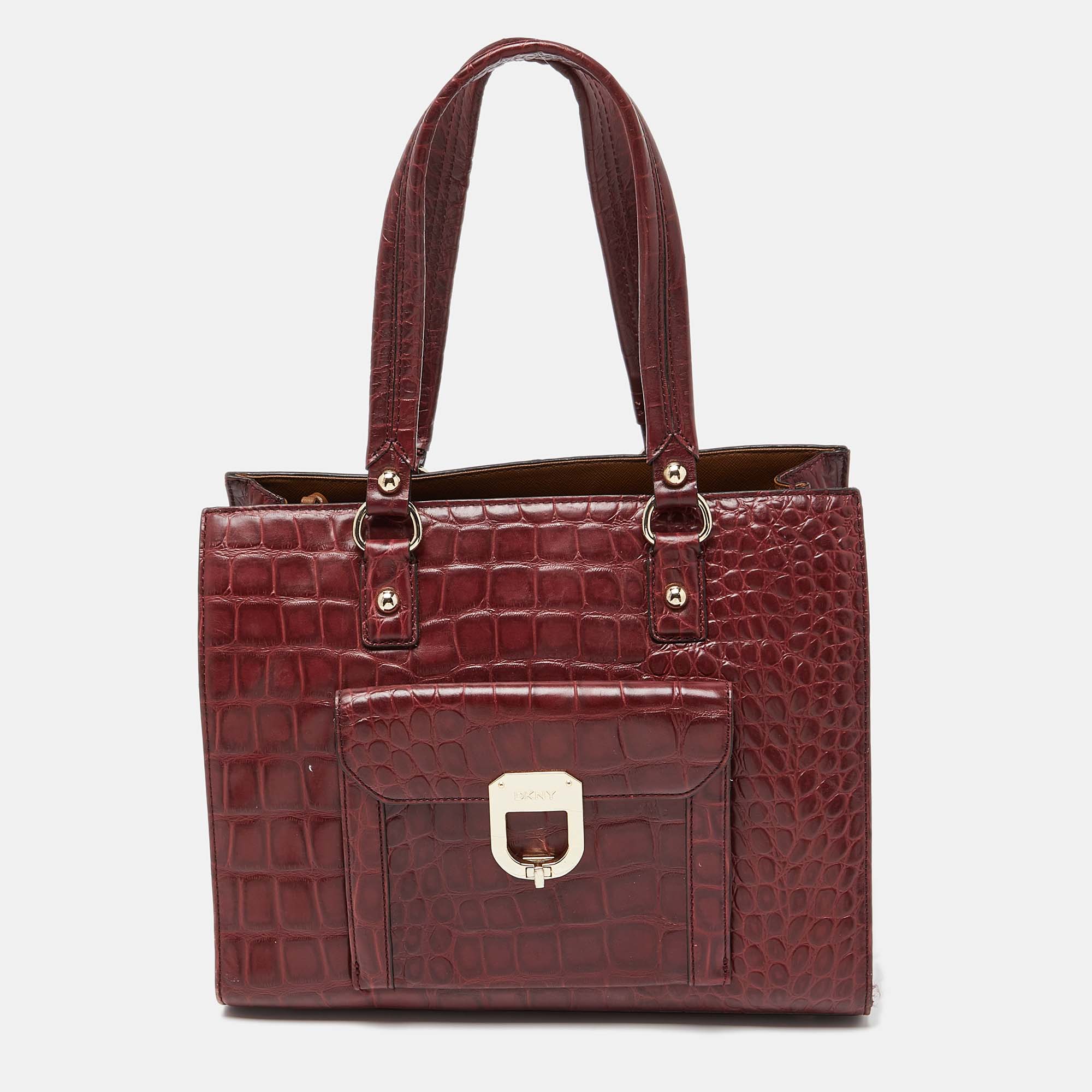 Pre-owned Dkny Burgundy Croc Embossed Leather Tote