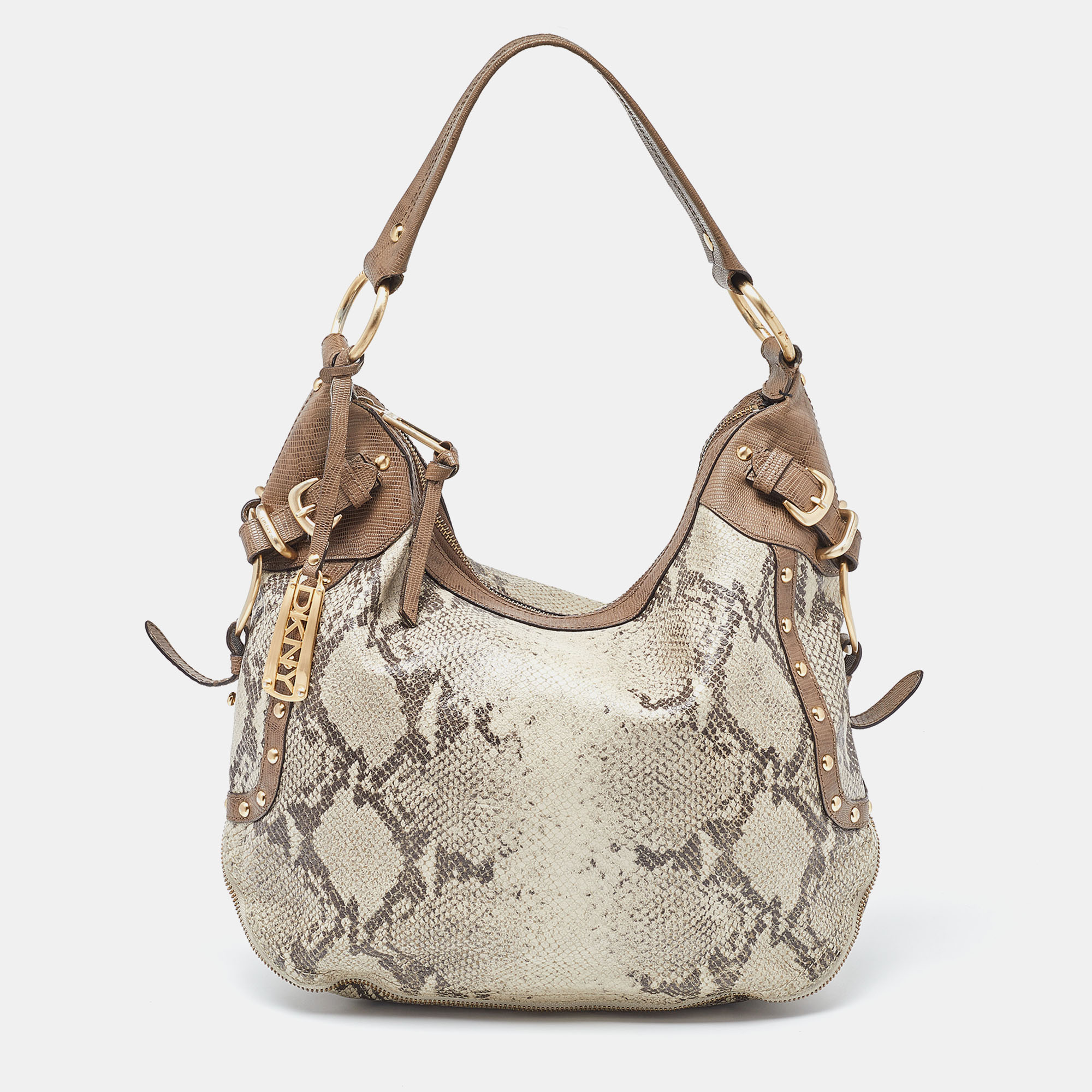 Pre-owned Dkny Beige/grey Python Embossed Leather Studded Hobo