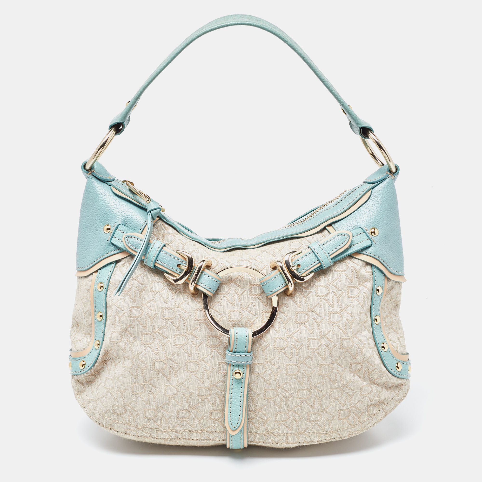 Pre-owned Dkny Cream/blue Monogram Canvas And Leather Buckle Hobo