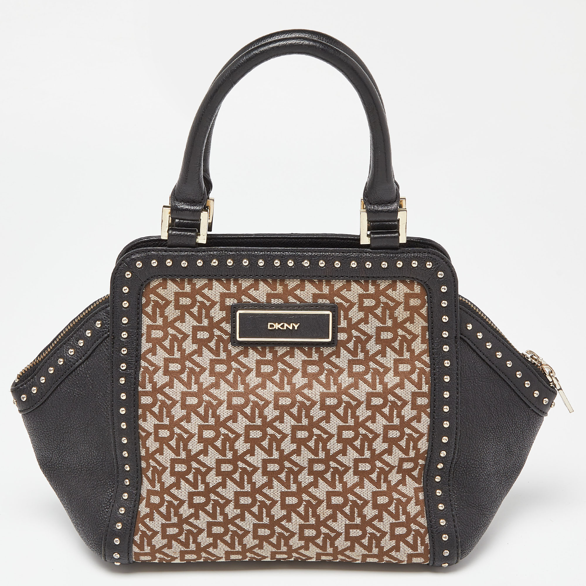 

DKNY Beige/Black Signature Canvas and Leather Studded Satchel