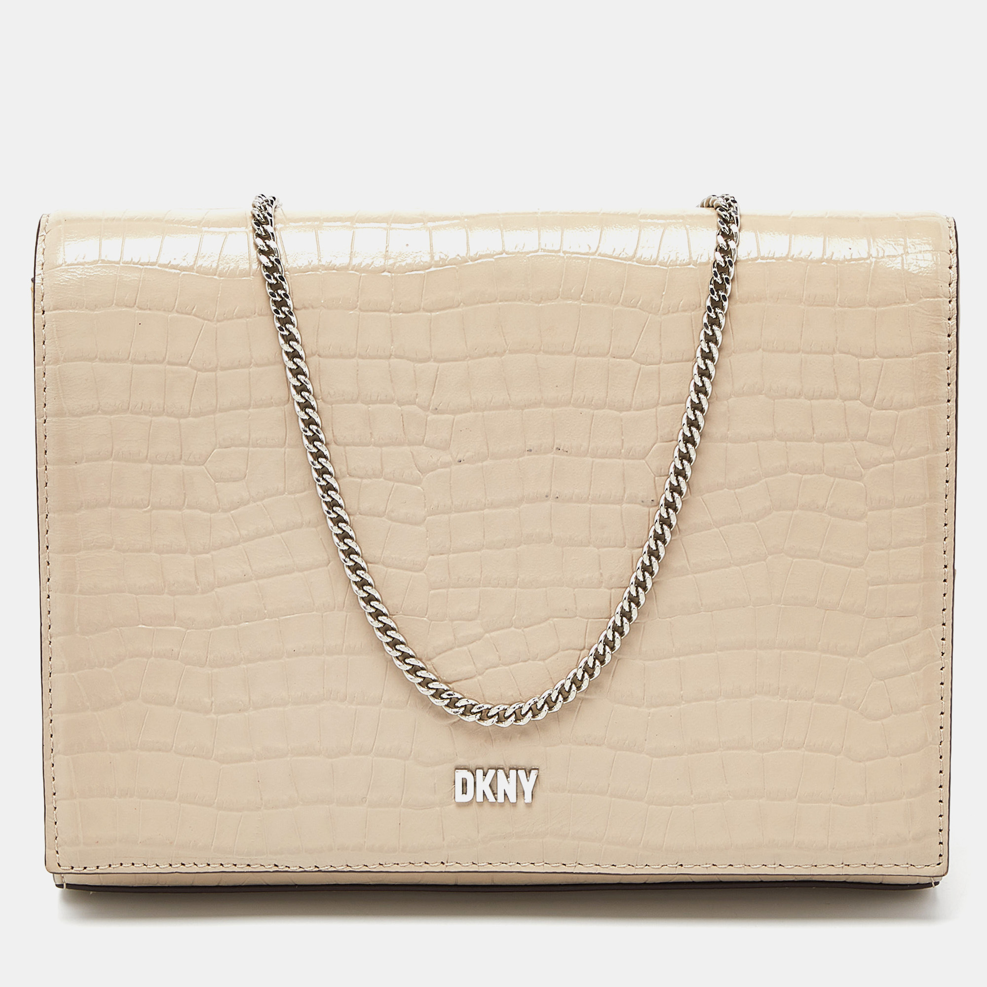 

DKNY Beige Croc Embossed Leather Logo Flap Chain Shoulder Bag