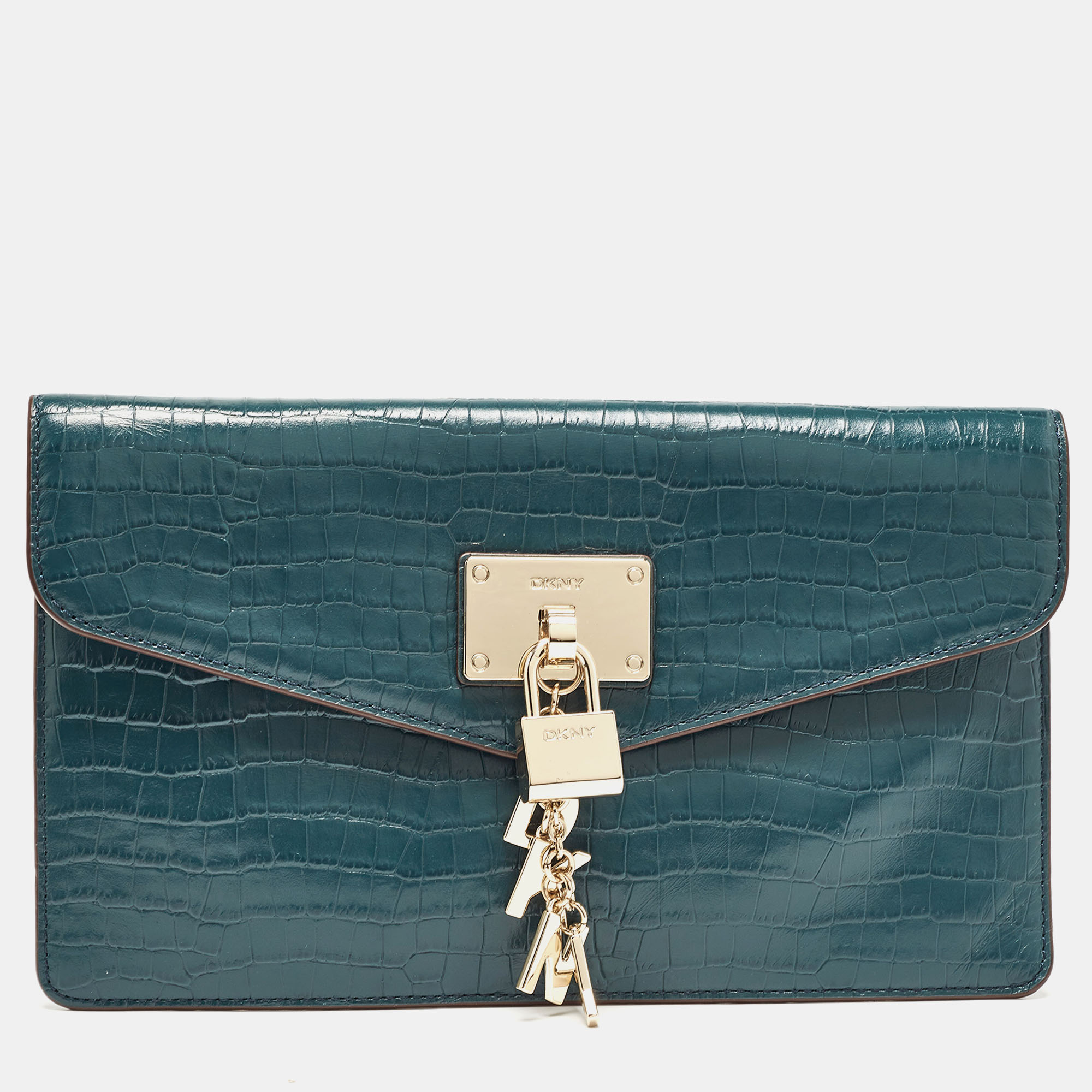 

DKNY Teal Blue Croc Embossed Leather Elissa Envelope Clutch, Green