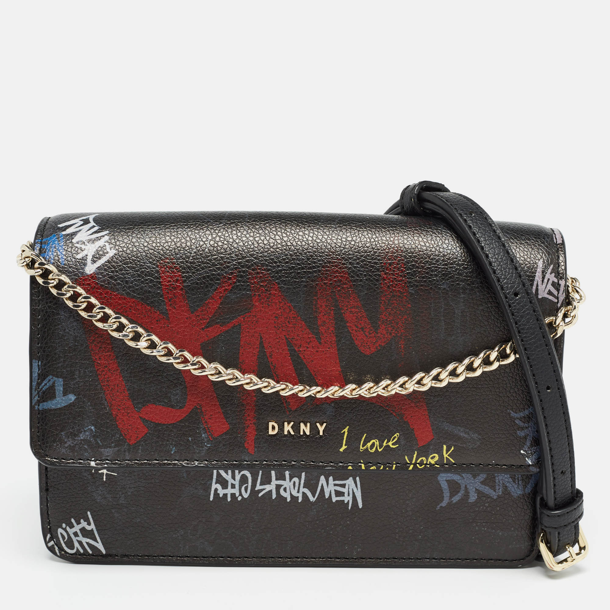 

DKNY Black Leather Graffiti Print Flap Crossbody Bag