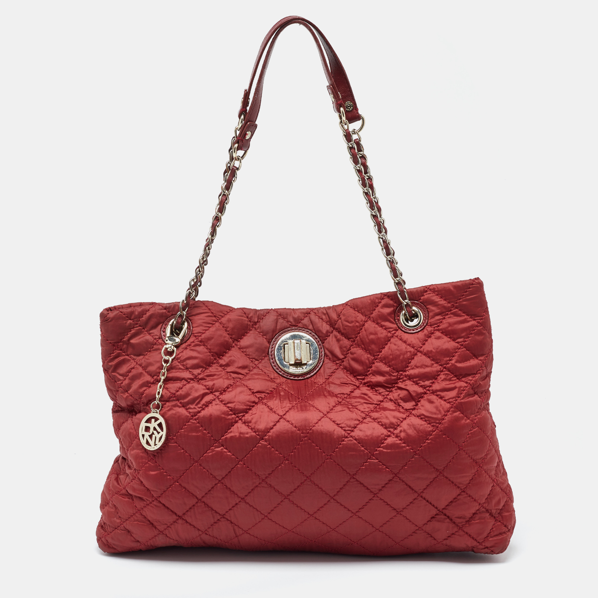 

DKNY Red Quilted Nylon and Leather Logo Chain Tote