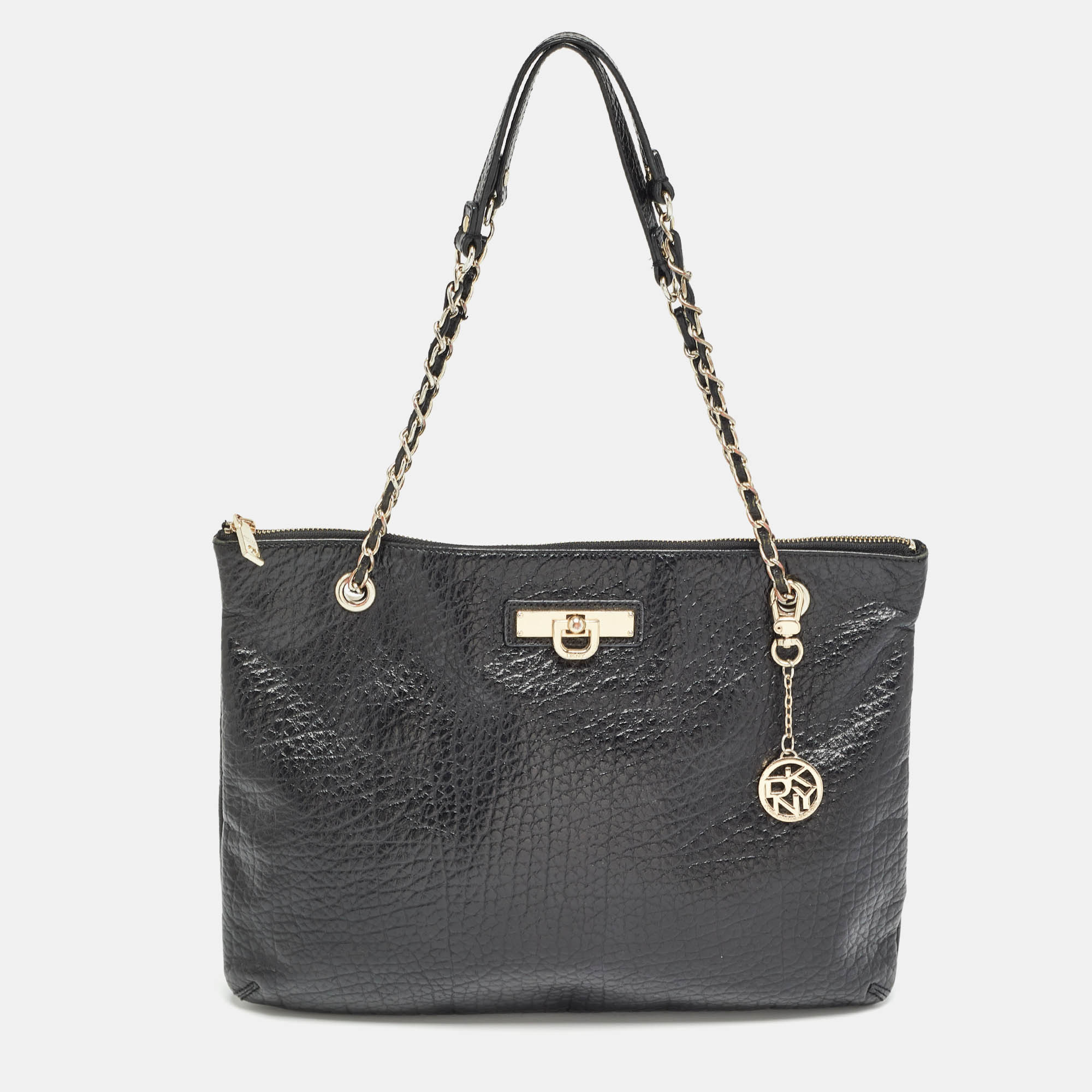 Pre-owned Dkny Black Leather Charm Chain Tote