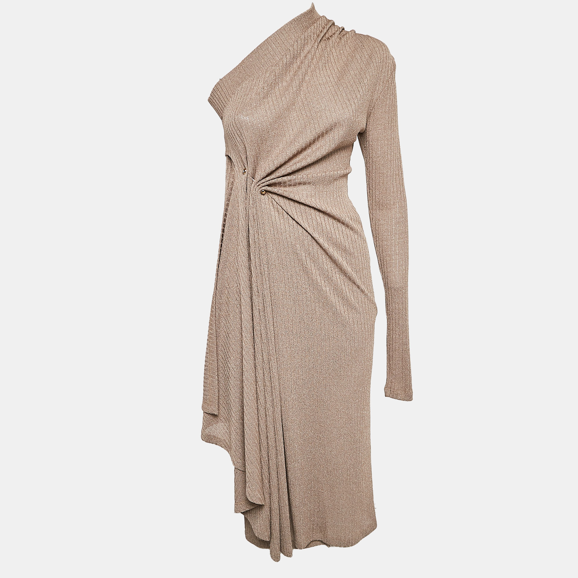 

Dodo Bar Or Beige Rib Knit Asymmetric Midi Dress M, Brown