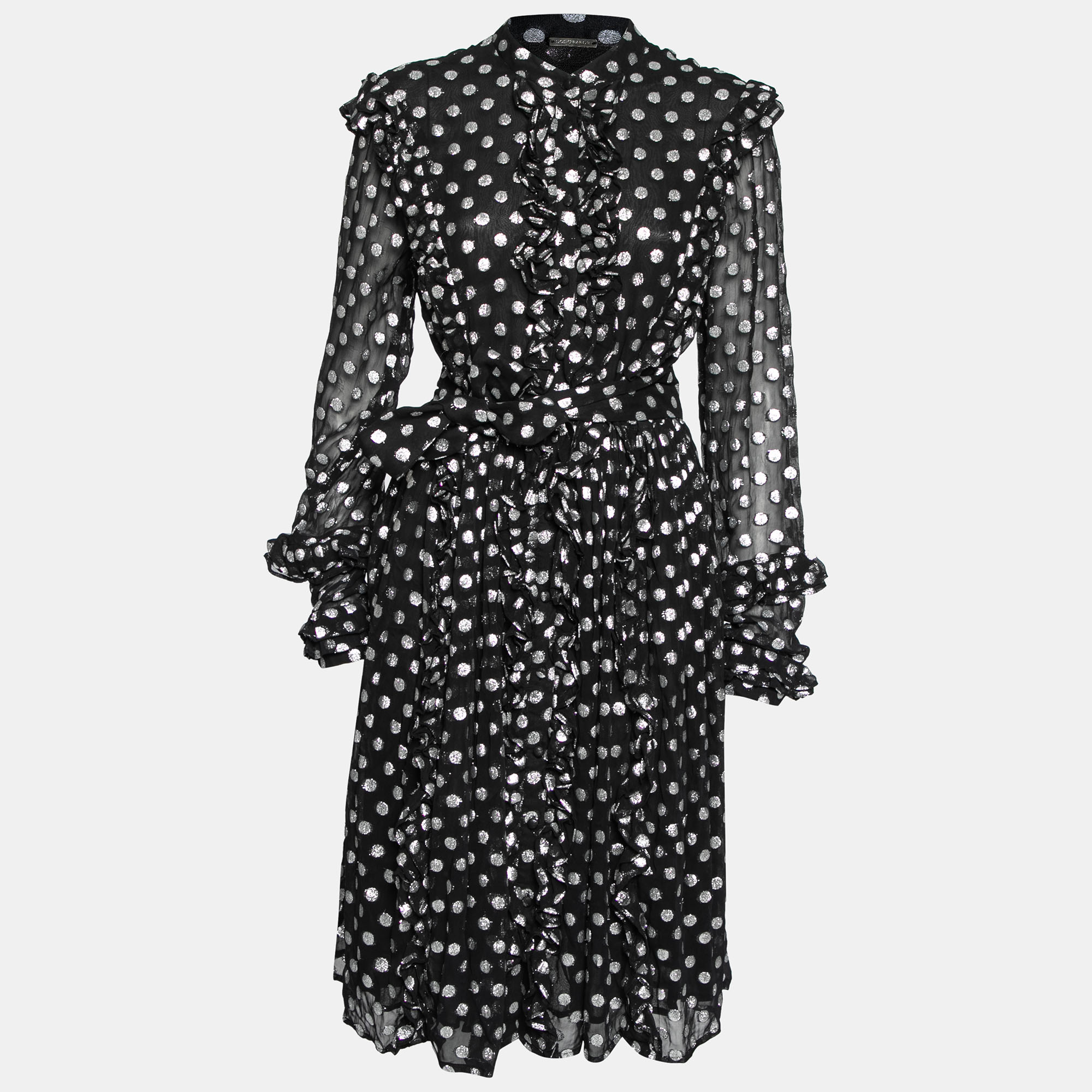 

Dodo Baror Black & Silver Polka Dotted Chiffon Ruffle Trimmed Belted Dress M