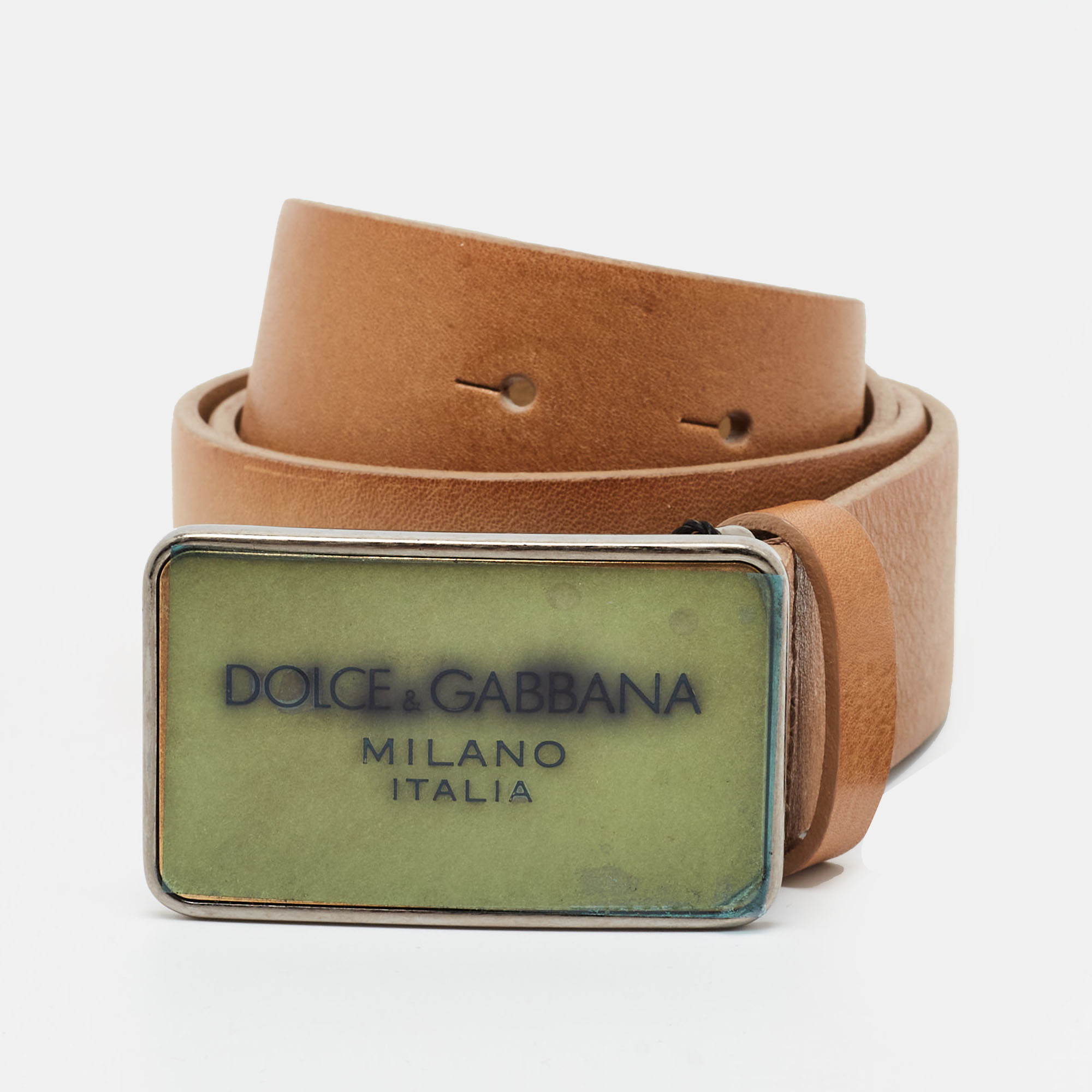 Pre-owned Dolce & Gabbana Logo Plague 90cm Waist Belt Tan Leather
