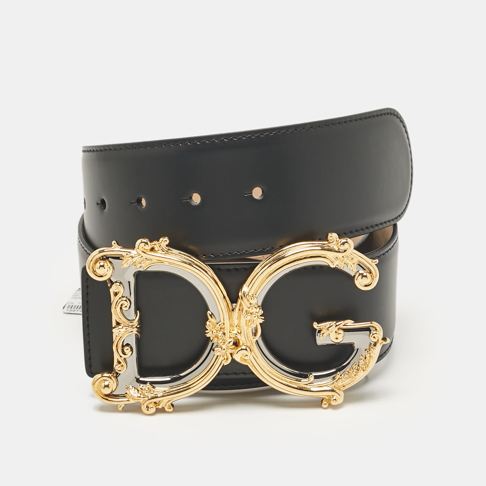 Pre-owned Dolce & Gabbana Black Leather Baroque Logo Buckle Belt 85cm