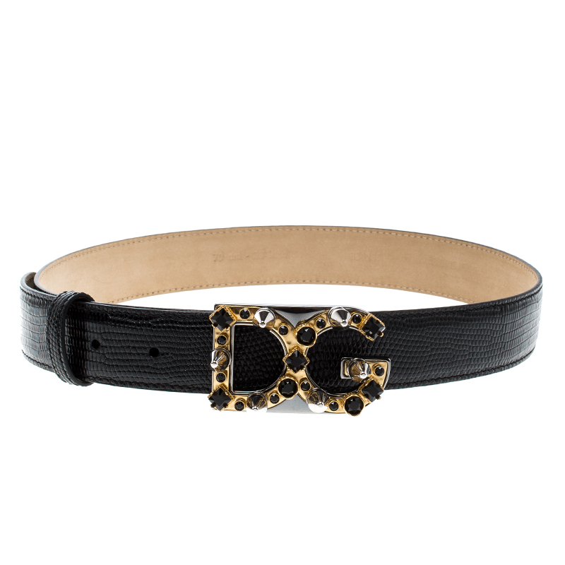 Dolce and Gabbana Black Iguana Leather DG Studded Logo Belt 70 CM 