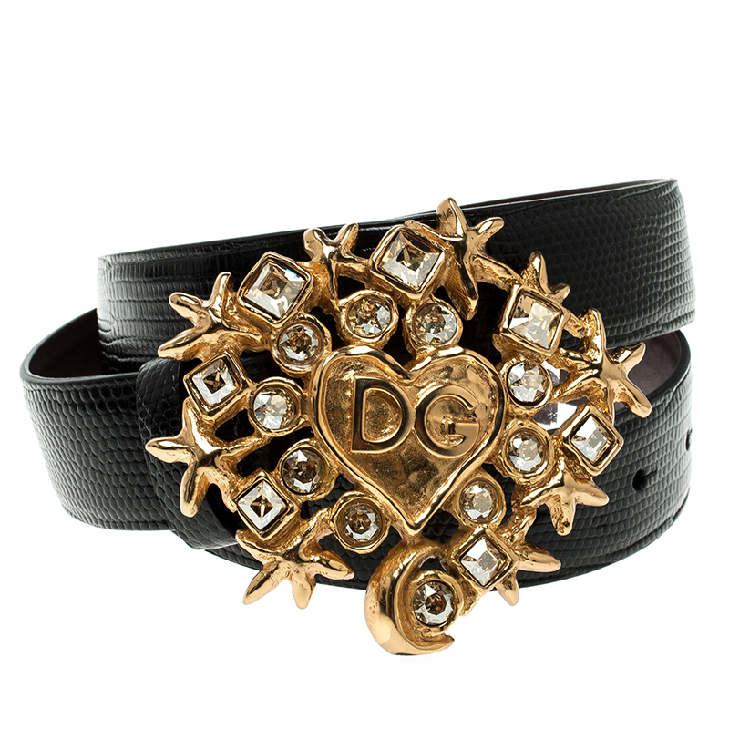 Pre Owned Dolce and Gabbana Black Lizard Crystal Embellished DG Heart Buckle Belt 70cm