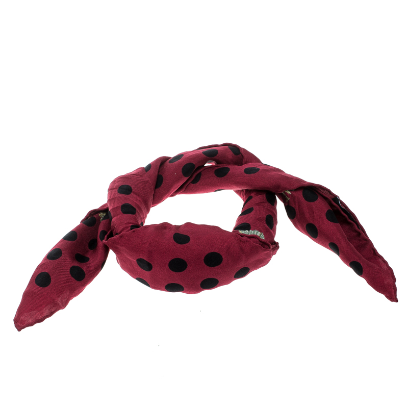 Dolce and Gabbana Burgundy Polka Dotted Floral Printed Silk Twill Square Scarf